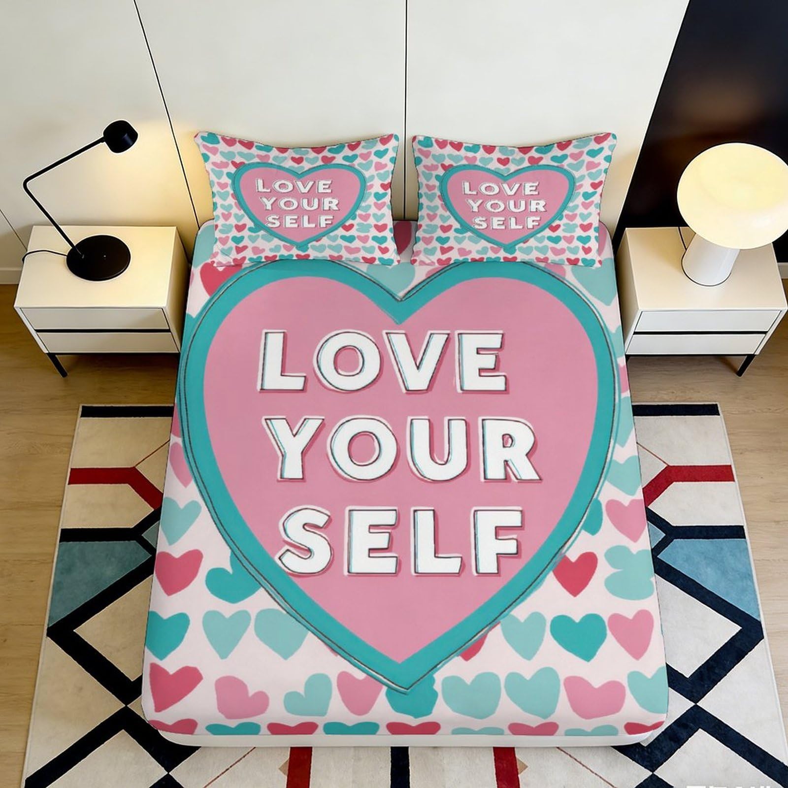 K1r3d9e5 Style-10 3D Printed Heart Typography Fitted Sheet Microfiber Soft Breathable Pastel Love Mattress Cover Bedroom Decor 90X200x25cm