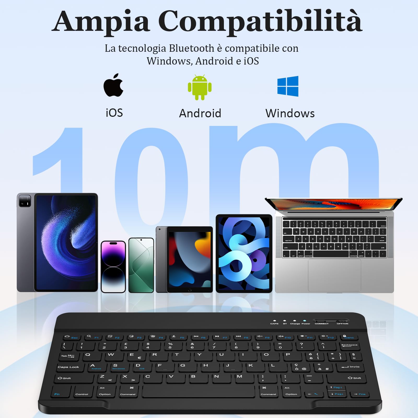 Tastiera Wireless Bluetooth Ricaricabile Ultra Sottile Compatta per Tablet Samsung, iPad, Android, Windows - Layout Italiano
