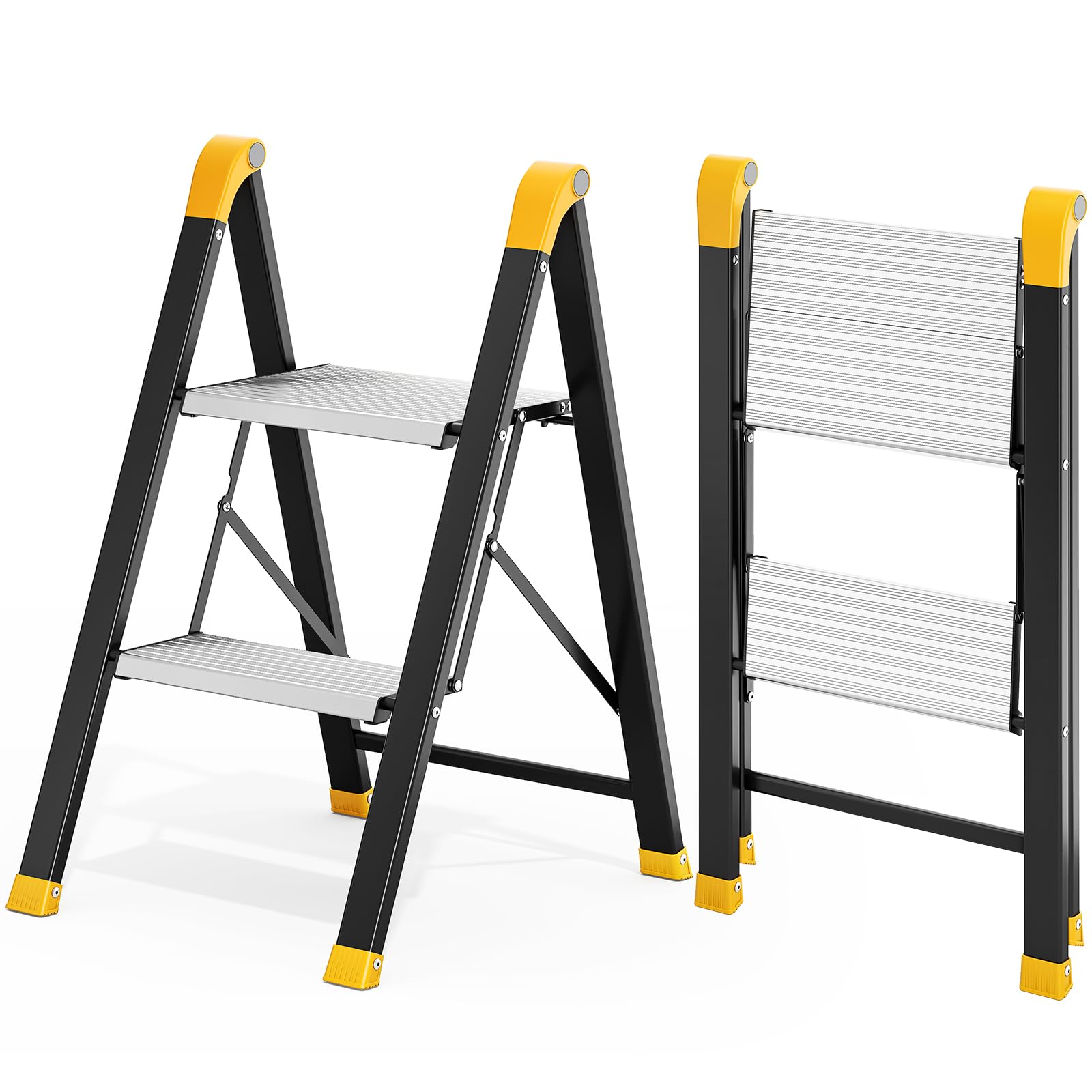 Kingrack Escalera 2 peldaños Aluminio Antideslizante, Capacidad 150kg Negro | Escalera taburete plegable aluminio peldaños antideslizantes, soporta 150kg, plata y negro, uso hogar cocina oficina