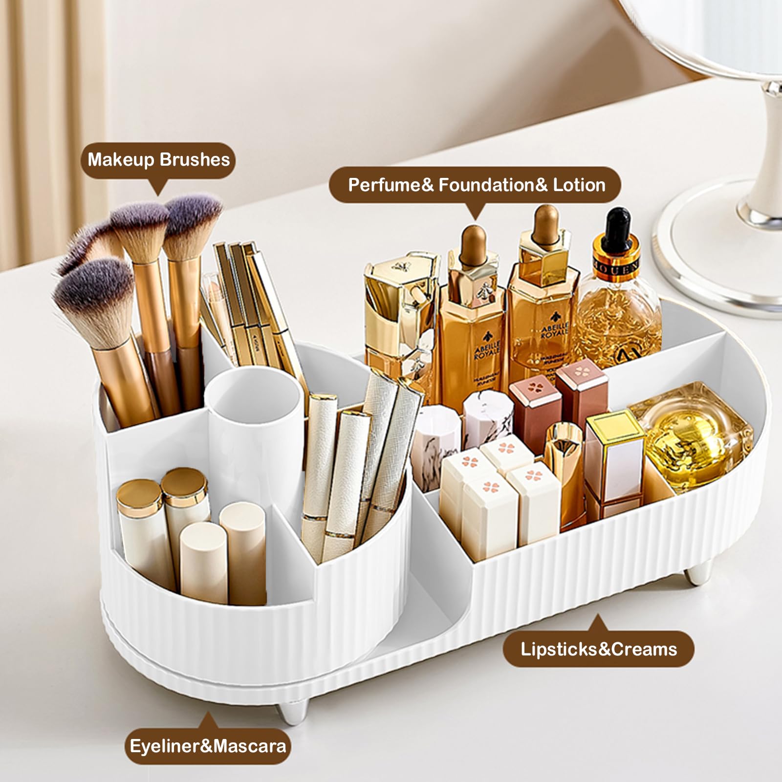 COMFYROOM Najnowszy obrotowy o 360° organizer na kosmetyki z uchwytem na pędzle, duży spinningowy schowek na kosmetyki do pielęgnacji skóry, perfum i balsamów - czysta biel
