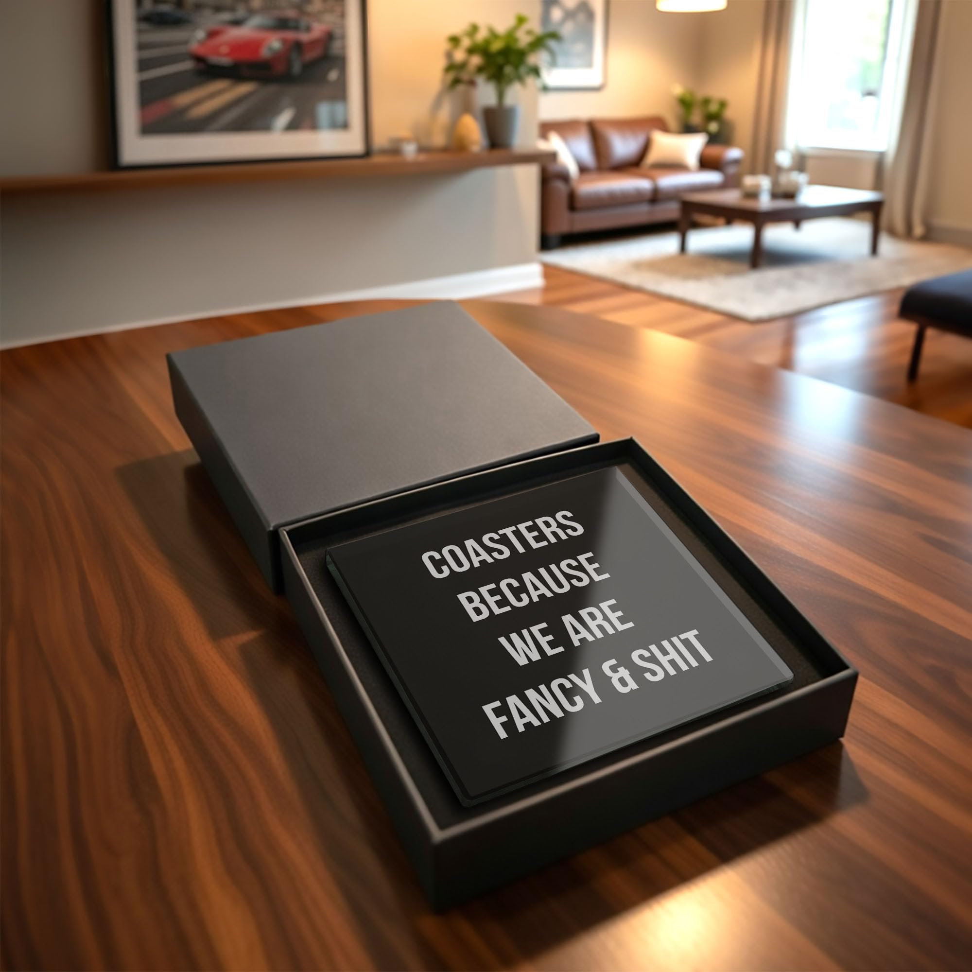 Coasters Because We Are Fancy And Shit Funny Square Glass Coaster Humorous Drink Coaster Tempered Glass Gift (Gift Box Packaging)