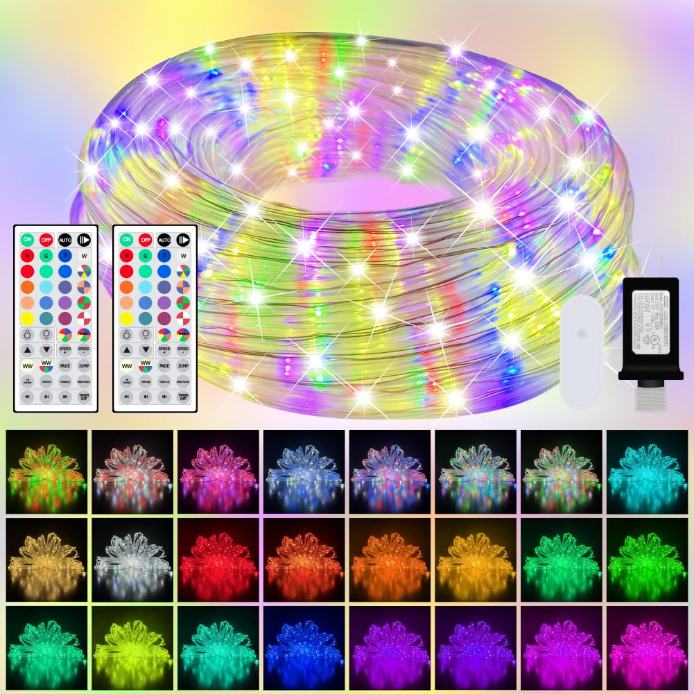 Photo 1 of 100ft Outdoor LED Rope Lights, IP68 Waterproof 25 Color Changing String Lights, Red White Blue for 4th of July Patriotic Decorations, Warm White & RGB Twinkle Fairy Light for Christmas Indoor Outside
