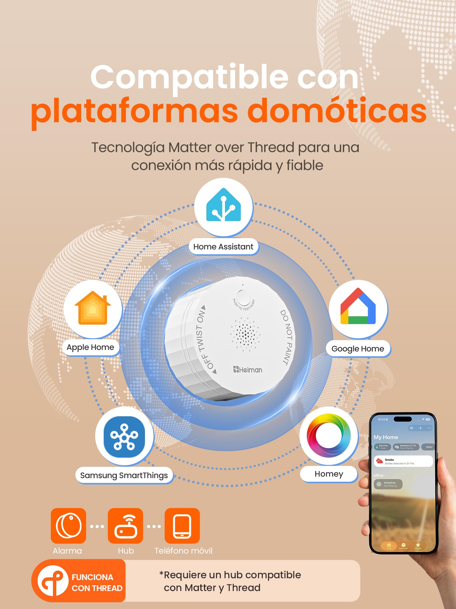 Heiman Detector de humo mate, detector de humo inteligente con hilo, sensor fotoeléctrico, notificaciones de aplicaciones, alarma de 85 dB, funciona con pilas, EN 14604, compatible con Apple Home