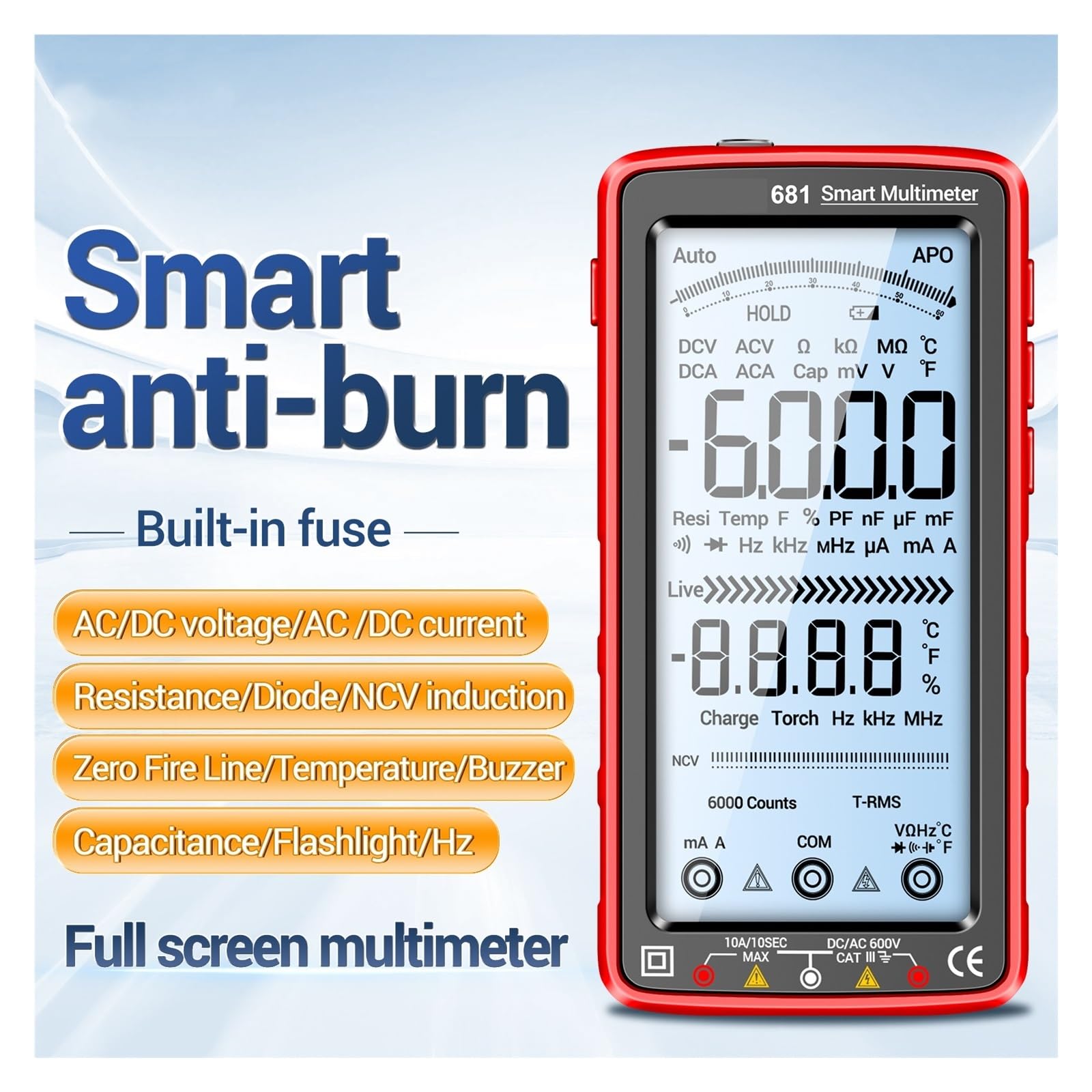 Multimetr Cyfrowy 6000 Zliczeń Smart Anti-burn Recharg Uniwersalny Miernik Tester NCV 5-calowa Podświetlana Latarka LCD(683 Red)