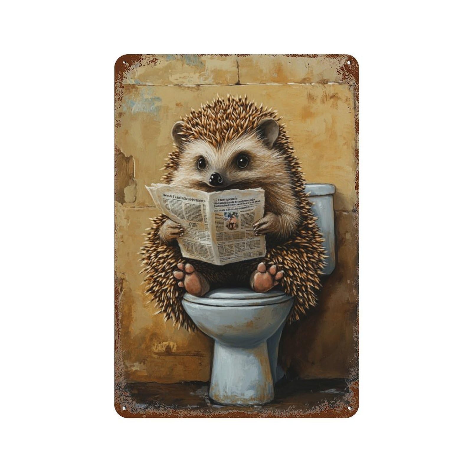 Garage Style Hedgehog Reading Newspaper on Toilet Rust Effect Tin Sign 11.8"x7.9", Rustic Home Decor for Bar And Workshop