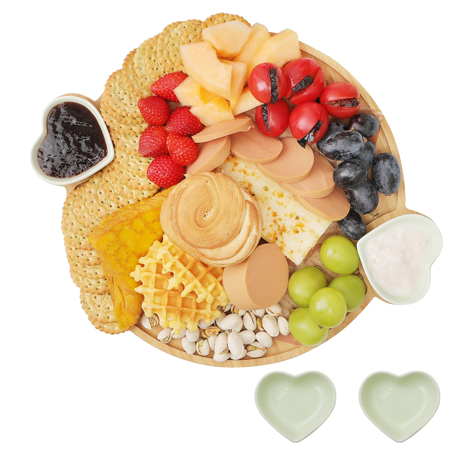 Hniuyun 12 Inch Bamboo Round Cheese Board and Charcuterie Set with 2 Ceramic Bowls Kitchen Serving Platter Housewarming Gift for Dining Room