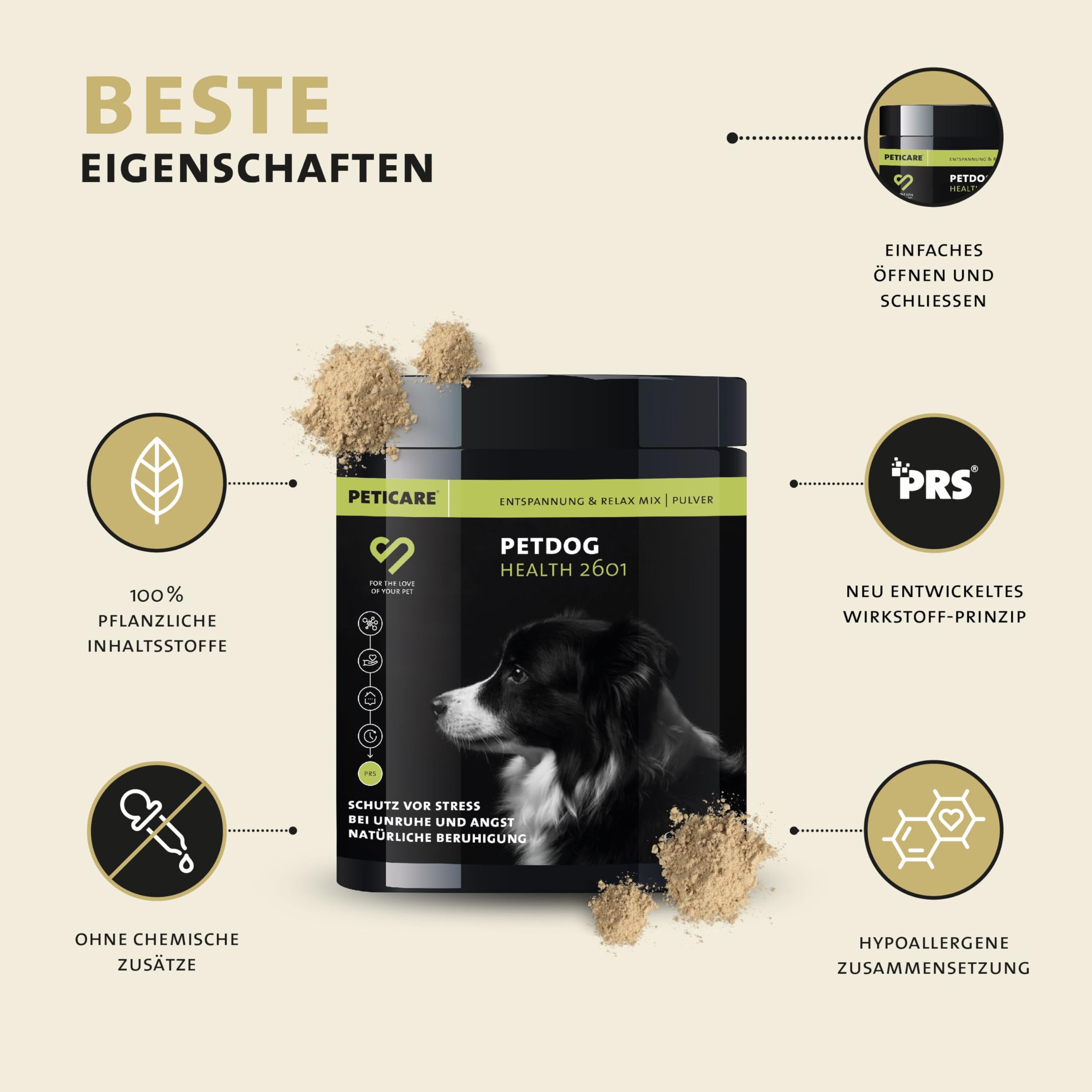 Peticare Relax & Chill Pulver für Hunde | Anti-Stress Beruhigungsmittel bei Angst, Nervosität, Aggressionen | rein pflanzliche Inhaltsstoffe