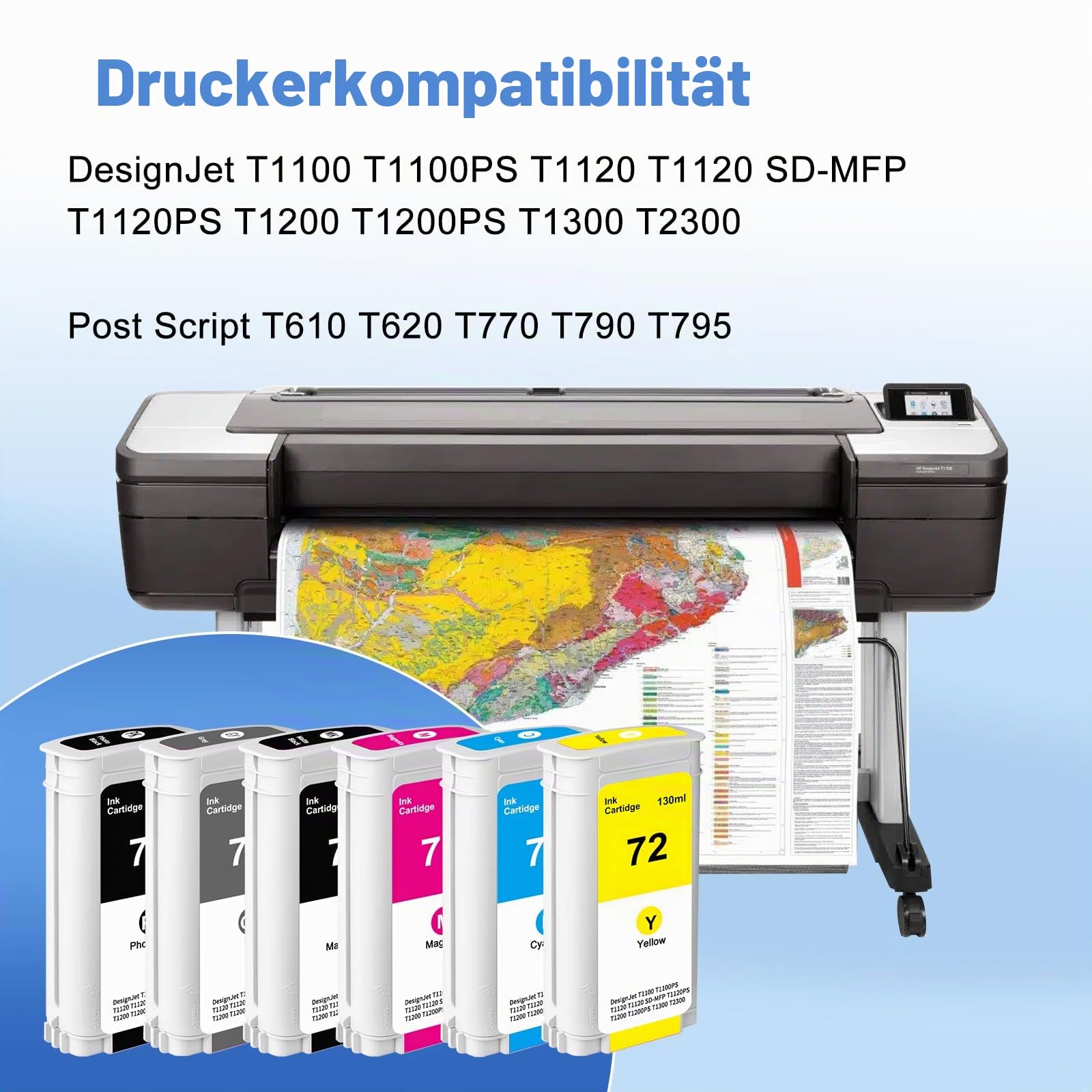 72 Druckerpatrone 130-ml für Tintenpatronen HP 72 C9403A C9374A Kompatibel mit HP Designjet T770 T790 T795 T610 T620 T1100 T1120 T1200 T1300 T2300(Mattschwarz, Fotoschwarz, Cyan, Magenta, Gelb, Grau)