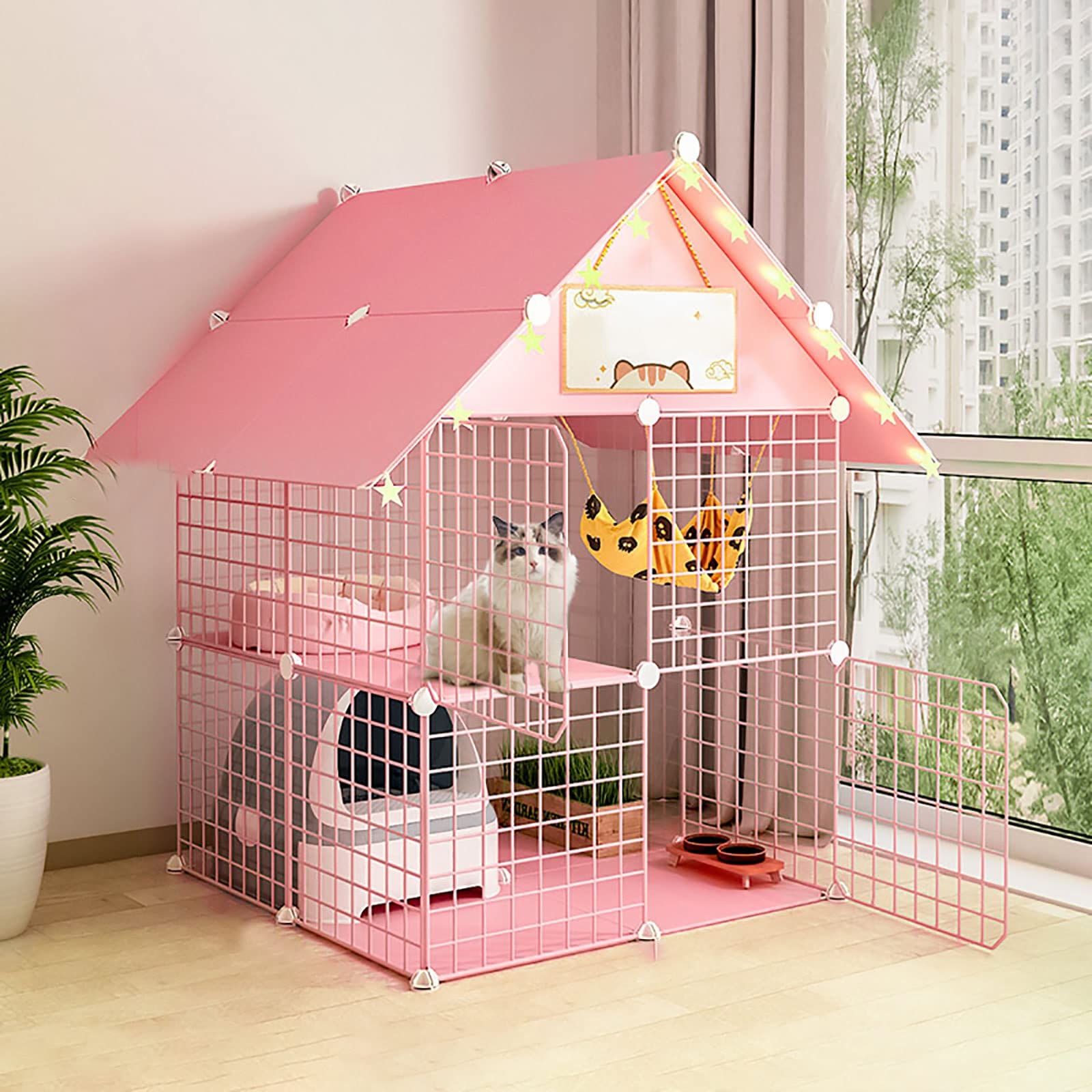 Cage pour chat d'intérieur modulable rose pour sécuriser vos félins