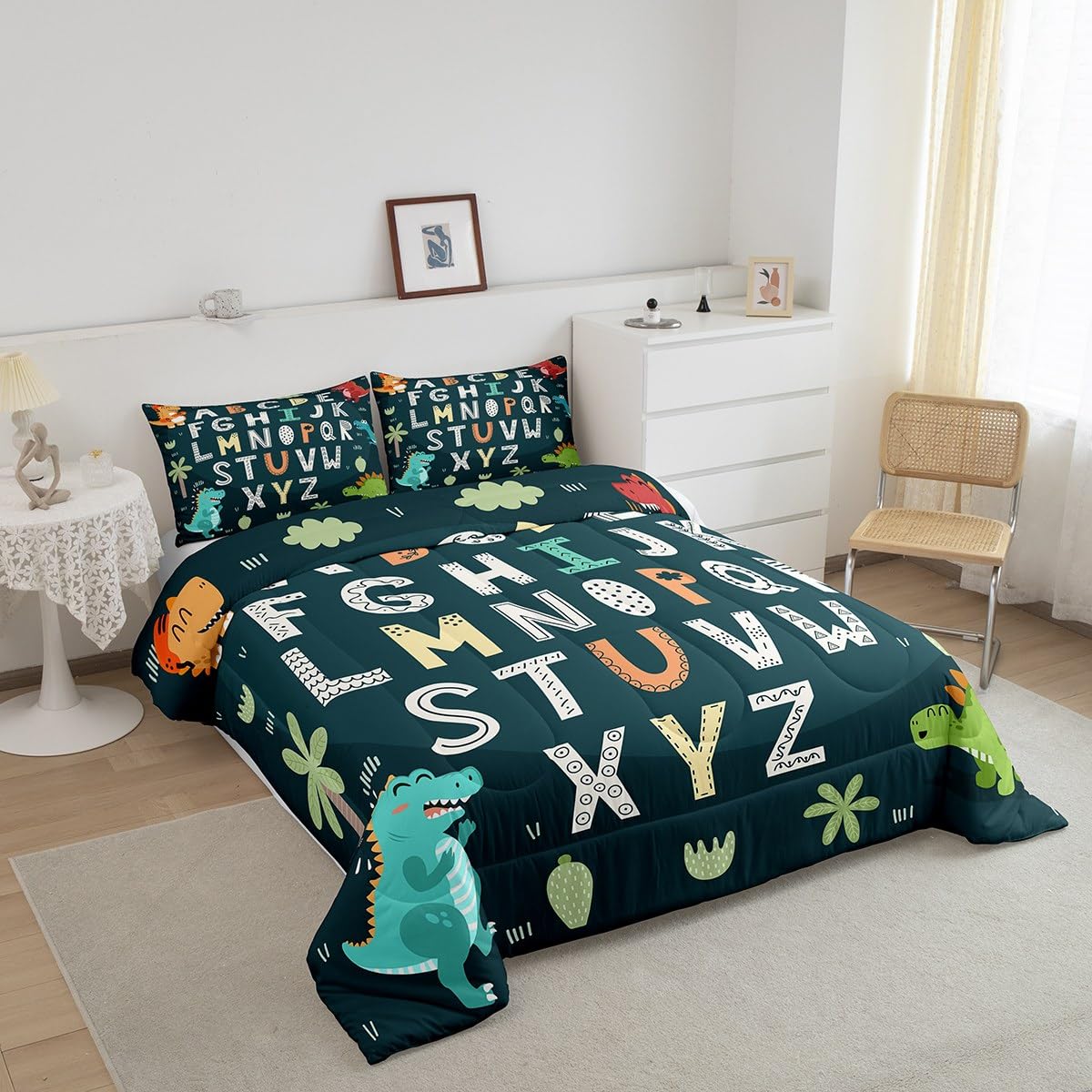Feelyou Alphabet Kids ABC Learning Bedspread Queen Size, Cartoon Dino Quilted Coverlet Kids Educational Nursery Art Coverlet Set For Boys Girls Jungle Dino Quilted 3Pcs