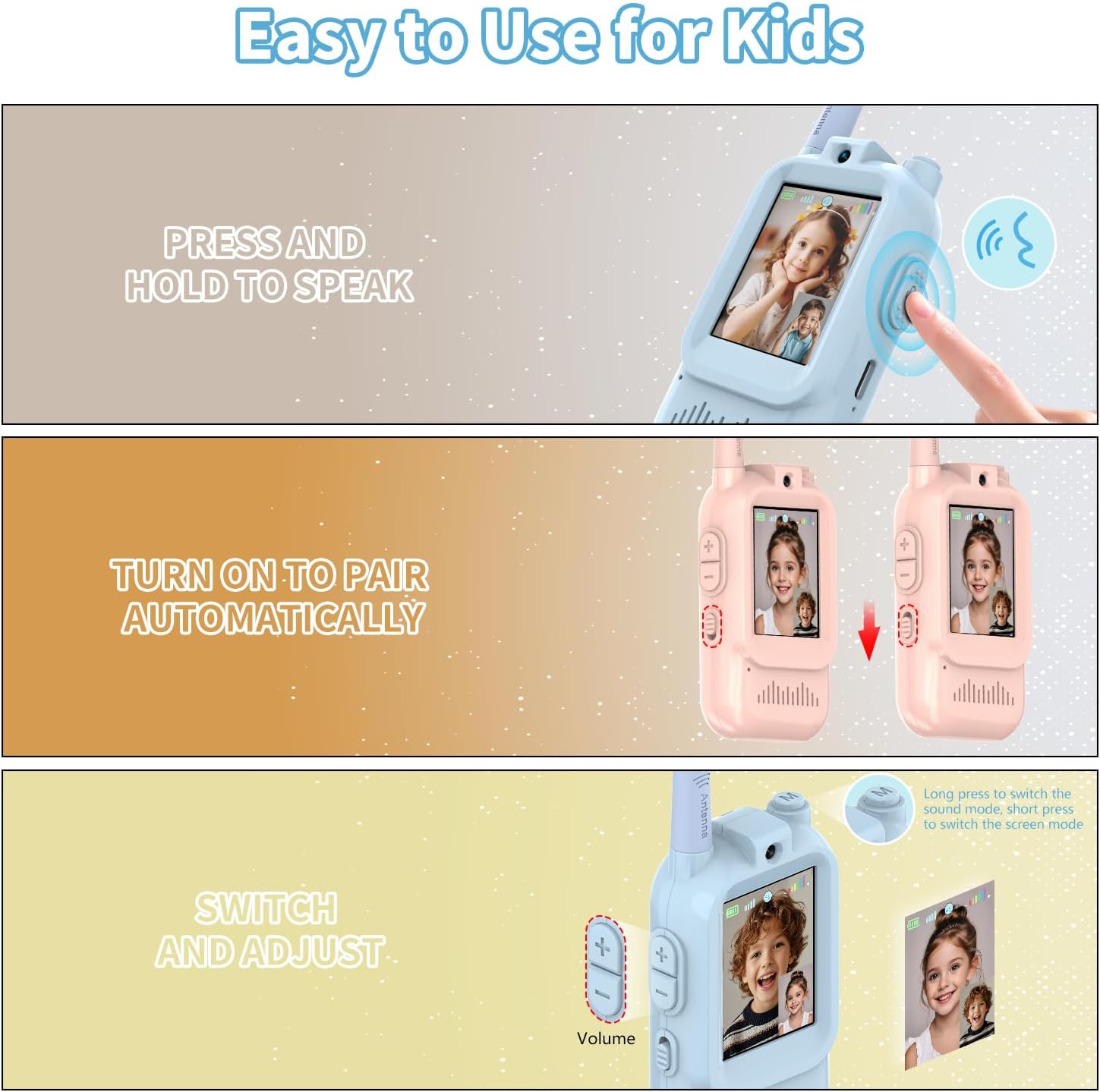 Video Walkie Talkies for Kids, 2 Pack Long Range Walkie Talkies with Camera & Voice Changer for Boys Girls Ages 3-12, Ideal for Family Games, Outside, Camping, Hiking,Christmas Birthday Gifts