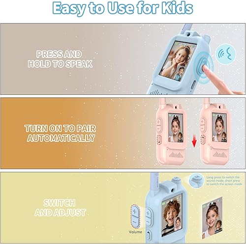 Miniatura 6 de Walkie Talkies de video para niños, paquete de 2 walkie talkies recargables para niños, largo alcance, ideal para juegos familiares, exteriores,