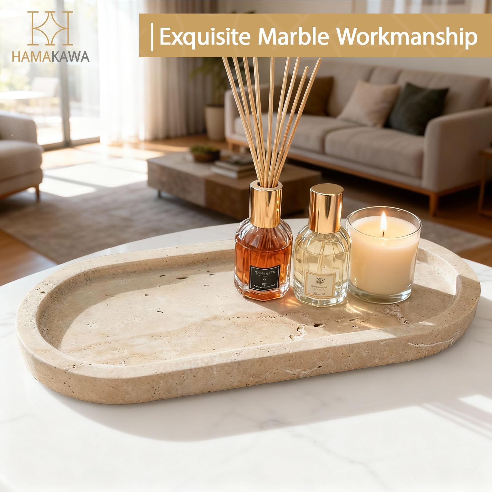 Plateau Decoratif Ovale, Plateau Marbre Naturel 25 cm, Beige Plateaux Salle de Bain, Plateaux Parfum Modernes Travertin, Rangement Comptoir pour Bijoux, Cosmétiques, Bougie