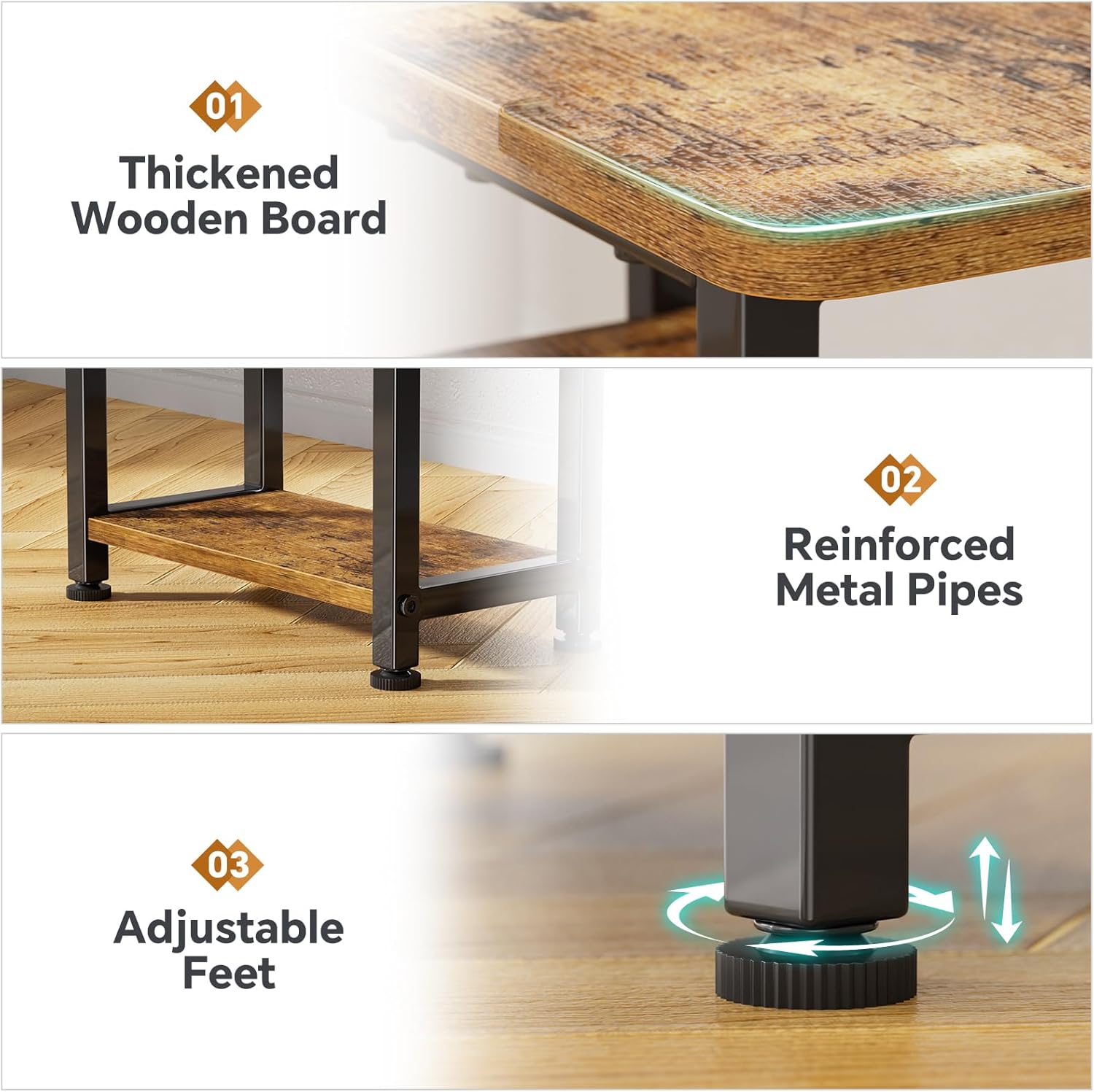 Simple Trending 3 Tiers End Table for Living Room, End Table Couch, Nightstand TV Tray Table for Small Spaces, Rustic Brown
