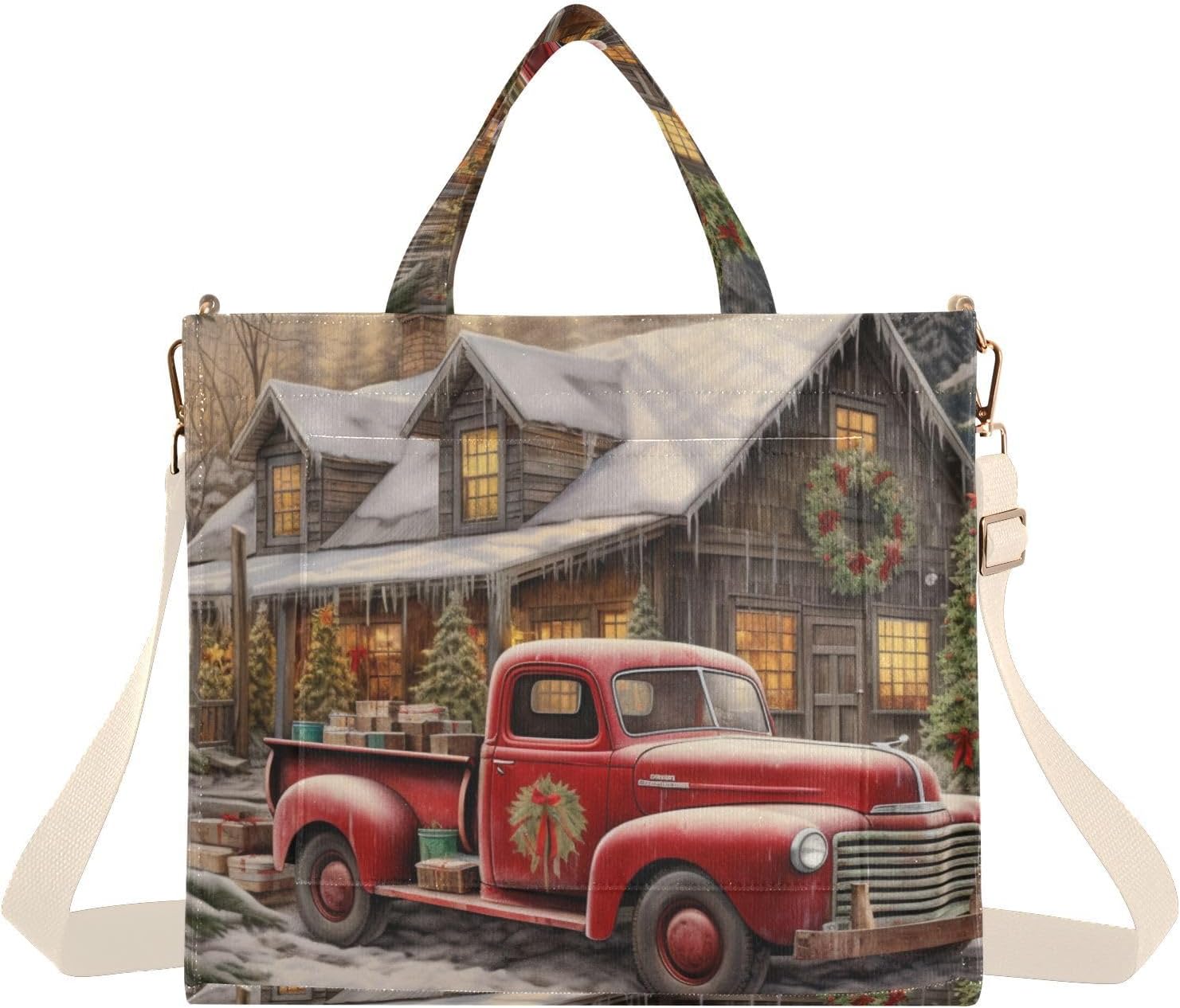 Painting Red Christmas Truck Corduroy Women Tote Bag, Handbag Purse with Detachable Strap Small Size