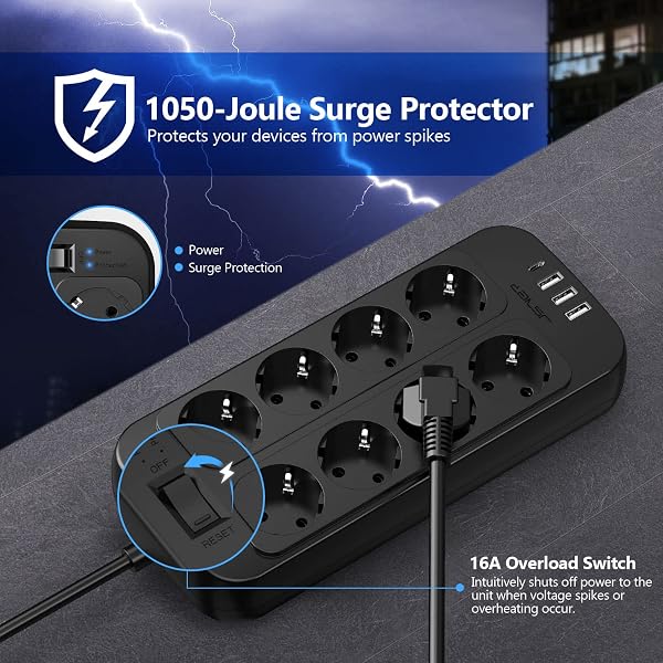 JSVER Regleta Enchufes USB, Proteccion Sobretension con 8 Toma de Corriente y 4 Puertos(5V3,4A) Estación de Carga Inteligente Tomas Alargadora con Cable 1.8m-Negro - 4