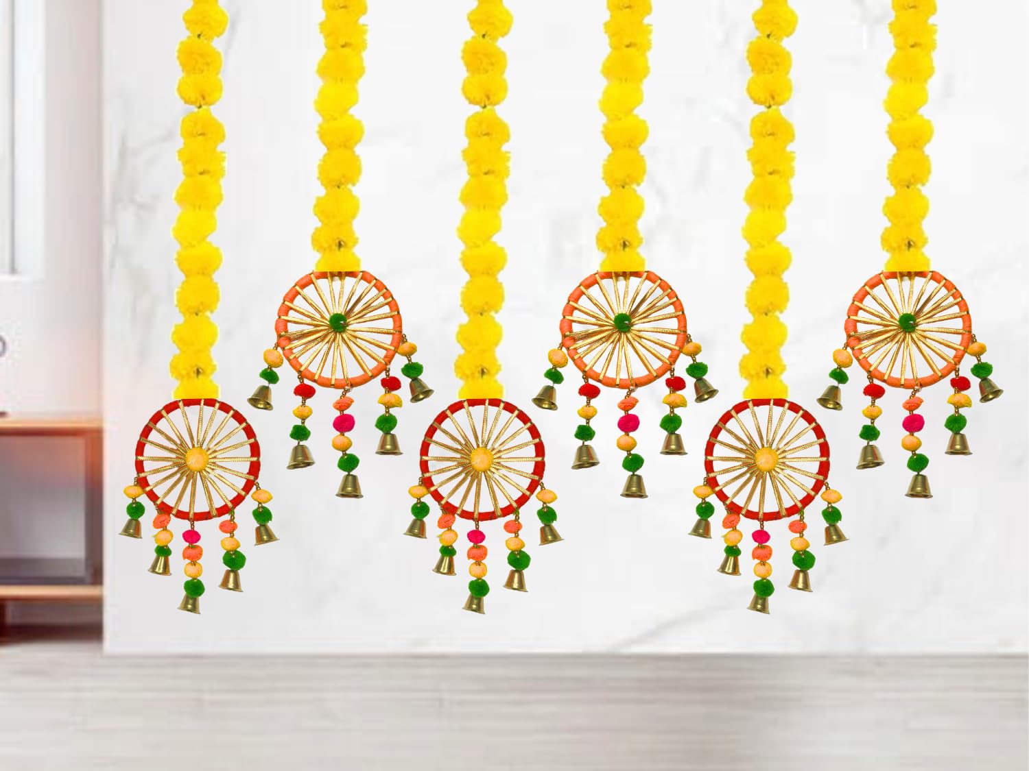 DRYPHON Artificial Marigold Flowers with Pom Pom Ring Bell Hanging Garlands for Home, Diwali & Wedding Decoration (Pack of 6)