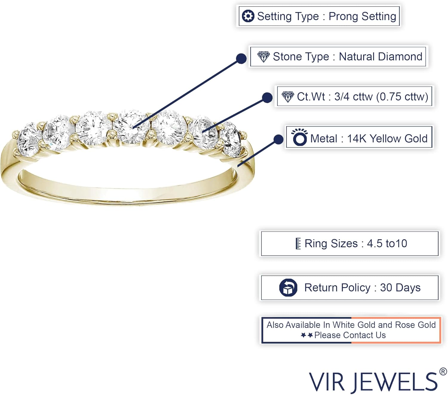 Vir Jewels 3/4 cttw Diamond Wedding Anniversary Band for Women in 14K Yellow Gold 7 Stones Prong Set, Size 4-10