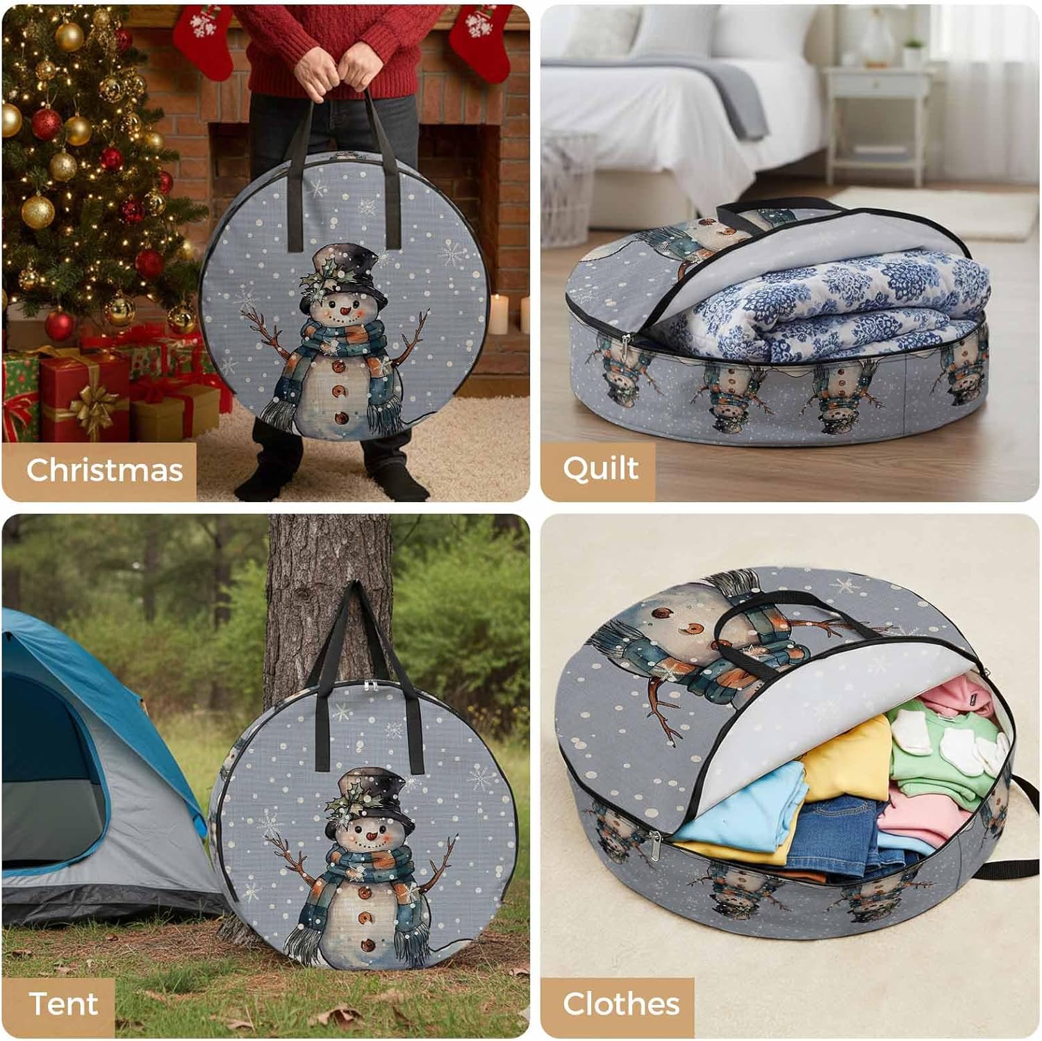 Christmas Cartoon Round Storage Bag 30 Inch, Snowman with Snowflakes Blue Clothes Storage Container with Handles Heavy Duty Organizer for Comforter, Bedding & Holiday Wreaths