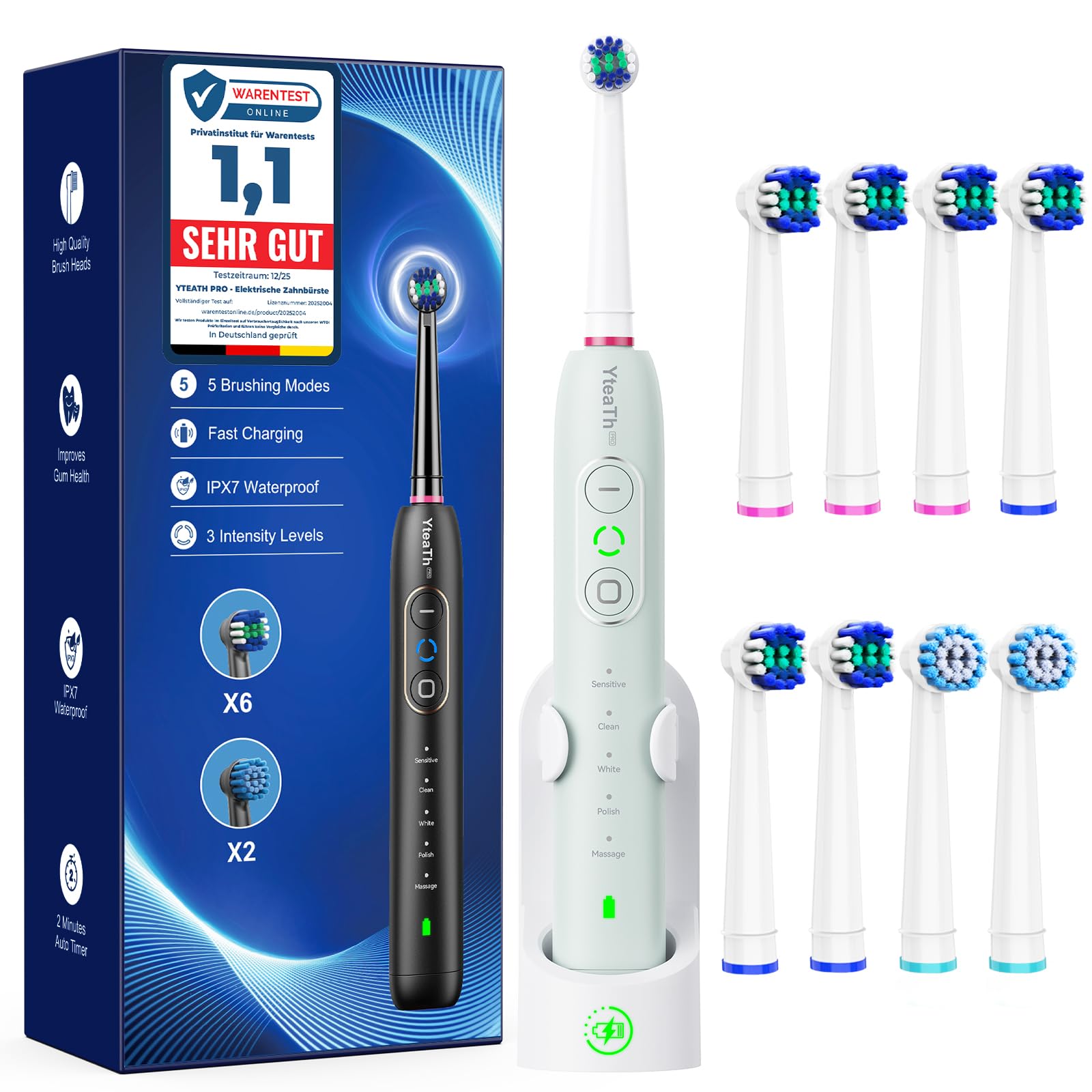 Cepillo de Dientes Eléctrico de Rotación para Dientes Sensibles - Cepillo Eléctrico Adultos 3 Intensidades, 5 Modos, 8 Cabezales, IPX7 Impermeable, Cepillo Dientes Electrico Viaje, Verde Claro