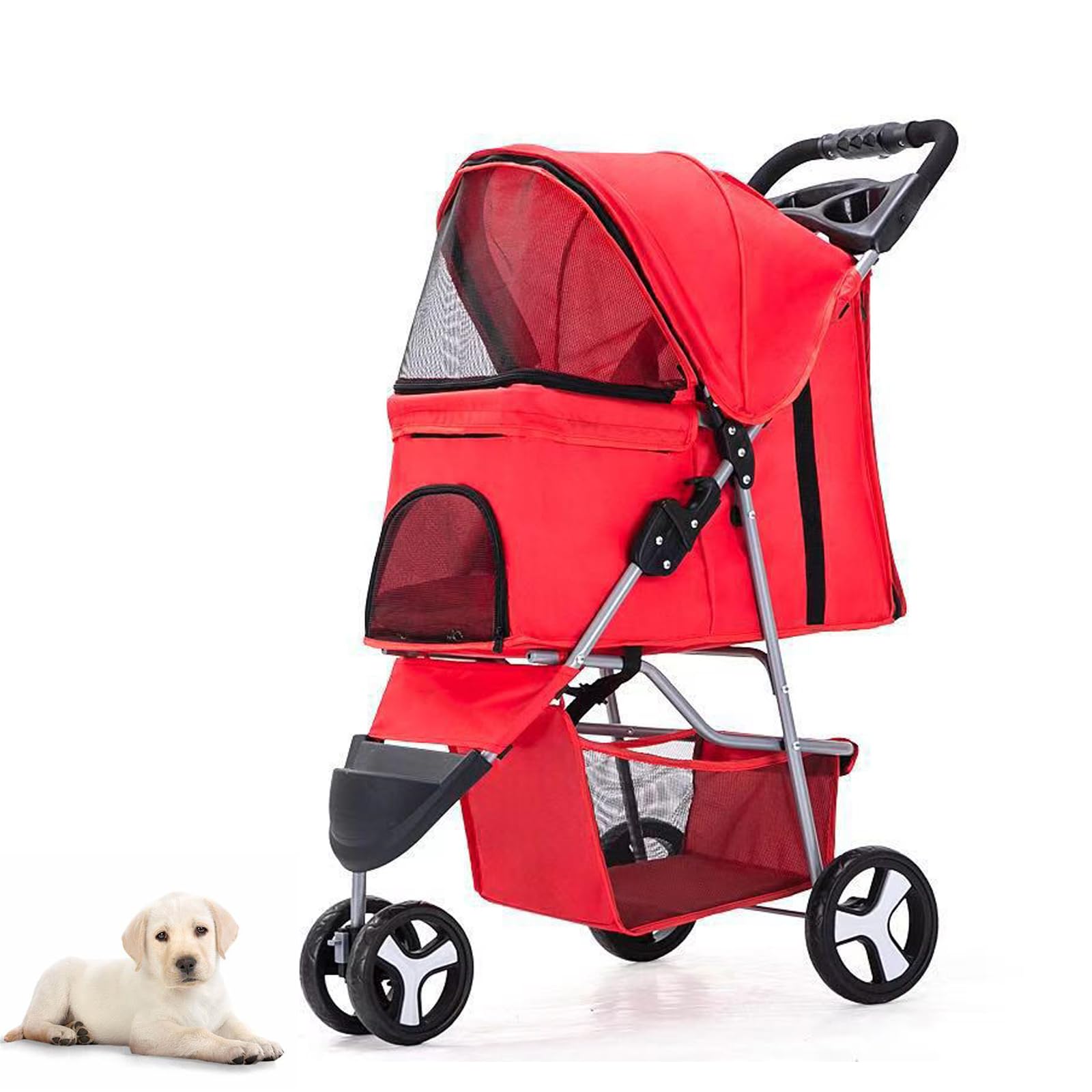 Passeggino per Animali Domestici Leggero e Pieghevole per Cani di Taglia Media e Piccola, Gabbia per Cani da Jogging, Passeggino a 3 Ruote, Carrello da Viaggio Pieghevole,Rosso