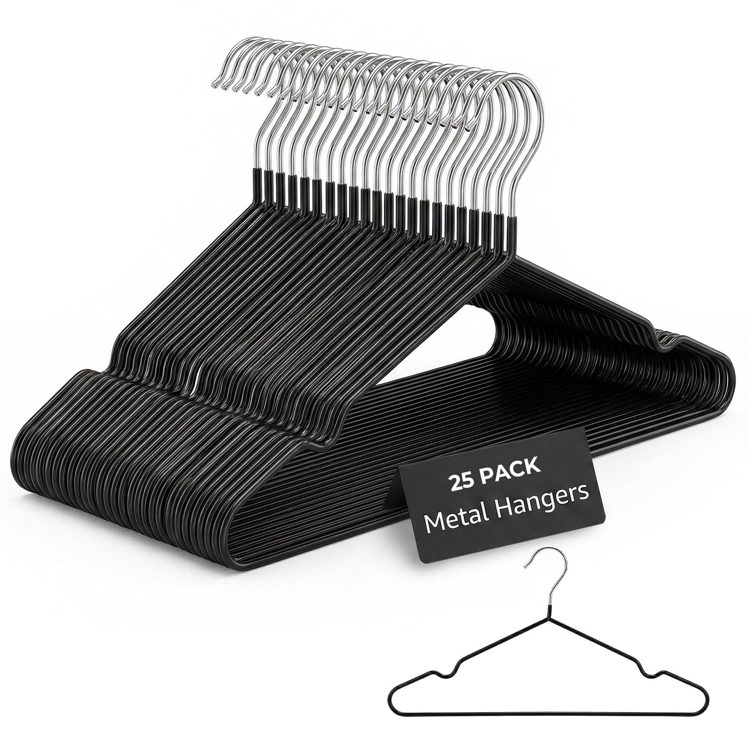 Rainberg 25 Pack Premium Rubber Coated Metal Hangers, Heavy Duty, Space Saving Organiser Clothes Hangers For Wardrobes, Coat Rack Rails Thin and Non-Slip Black (25 Pack)
