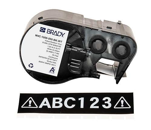 Brady Auténticas etiquetas de vinilo para todo tipo de clima (M4C-1000-595-BK-WT) de 1 pulgada de ancho x 25 pies de color blanco sobre negro. Para