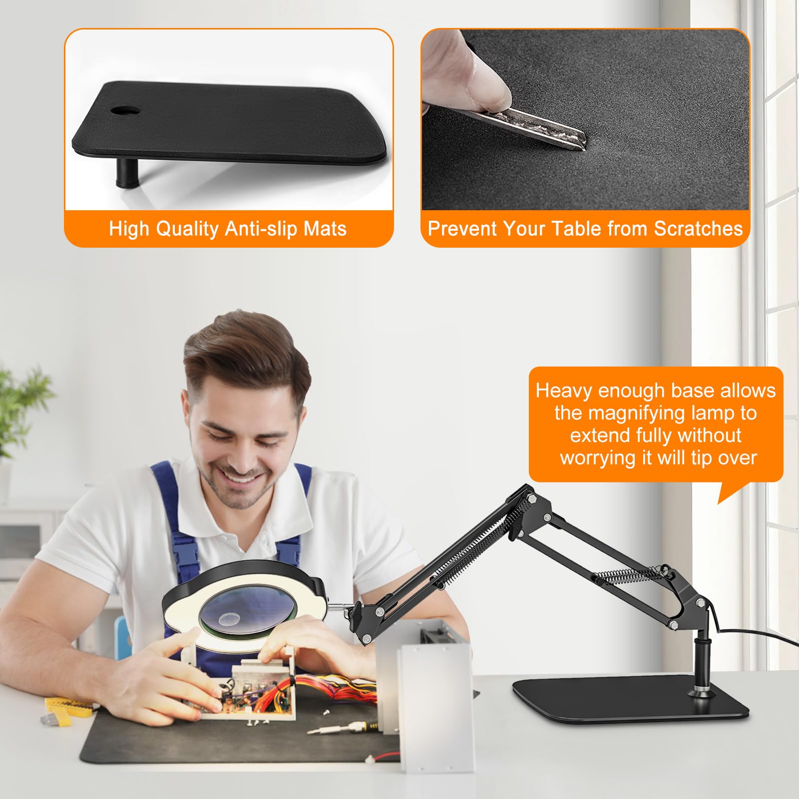 Améliorée Lampe de Bureau Loupe, 15X 10X LED Loupe avec Lumière, Lampe de Bureau avec Base et 5 Modes de Couleurs Réglables pour Lecture, Réparation, Artisanat (Lot de 2)