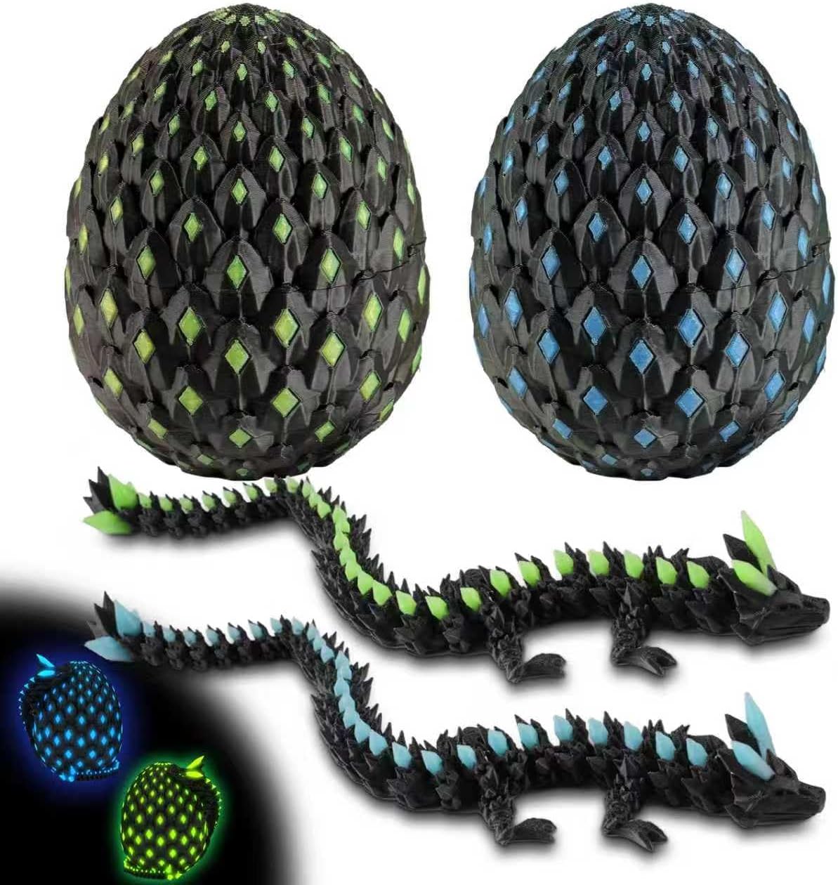 2PCS 3D Printed Dragon Glow, Mystery Dragon Egg Glow in The Dark, UV Reactive 3D Printer Articulated Animals Fidget Toy, Crystal 3D Print Dinosaur Toys for Boys Girls Home Decor