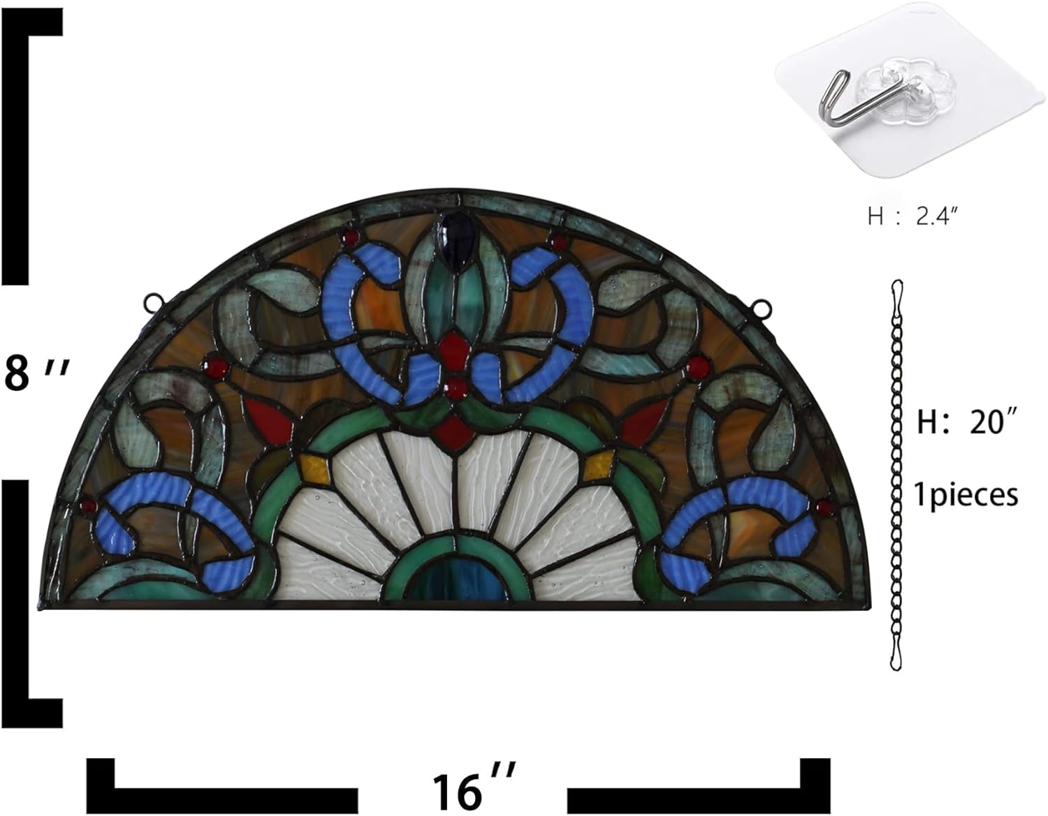 YOURANJU Half Moon Stained Glass Window Hanging Tiffany Style 16" x 8" Half-Round Window Panel Housewarming Gift Living Room Bedroom Kitchen Window Decorative Hangings with Chain (Baroque)