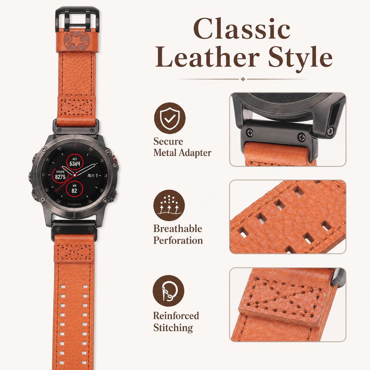 SMITHA Bracelet de montre en cuir compatible avec Garmin, QuickFit 20 22 26 mm, bracelet de rechange en cuir pleine fleur pour Fenix 9/8/7/6/5, Epix, Forerunner, Instinct, Tactix, Enduro, Descent