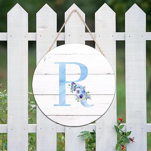 Miniatura 8 de BESTORLOVE Letrero de bienvenida para pared con monograma inicial D letrero redondo de madera del alfabeto azul floral colgante de flor silvestre de