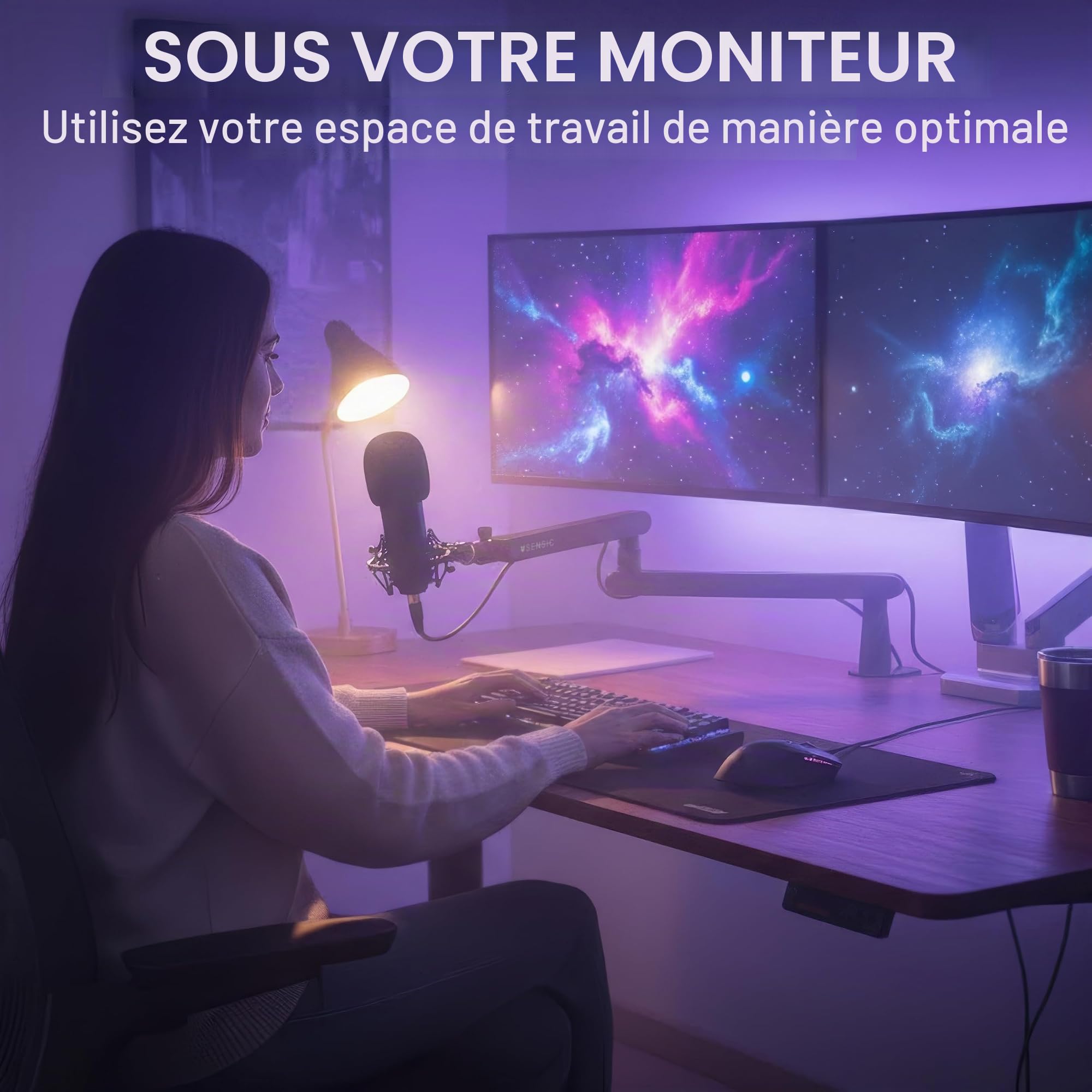 Sensic SA-30 LP Bras de microphone à profil bas, support de micro rotatif à 360°, bras de microphone à profil bas pour streaming avec gestion des câbles, support de microphone professionnel, bras