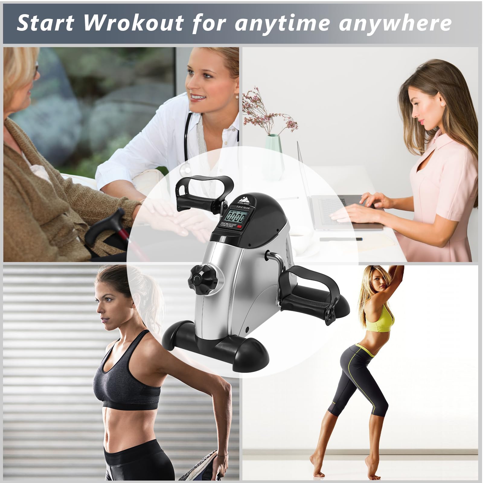 EVOLAND Mini rower treningowy, pod biurkiem, z uchwytem, regulowany opór, wyświetlacz LCD, mata antypoślizgowa, trening domowy i biurowy, trening fitness, dla kobiet i osób starszych (szary)