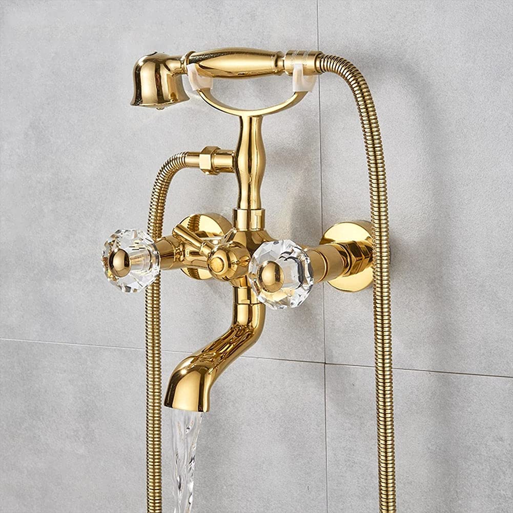 Grifo Bañera Con Alcachofa De Mano Latón Color Oro Mezclador De Bañera Montaje En Pared, Incluye Soporte Y Manguera De 150 Cm, Dos Asas Grifo De Ducha, Antiguo