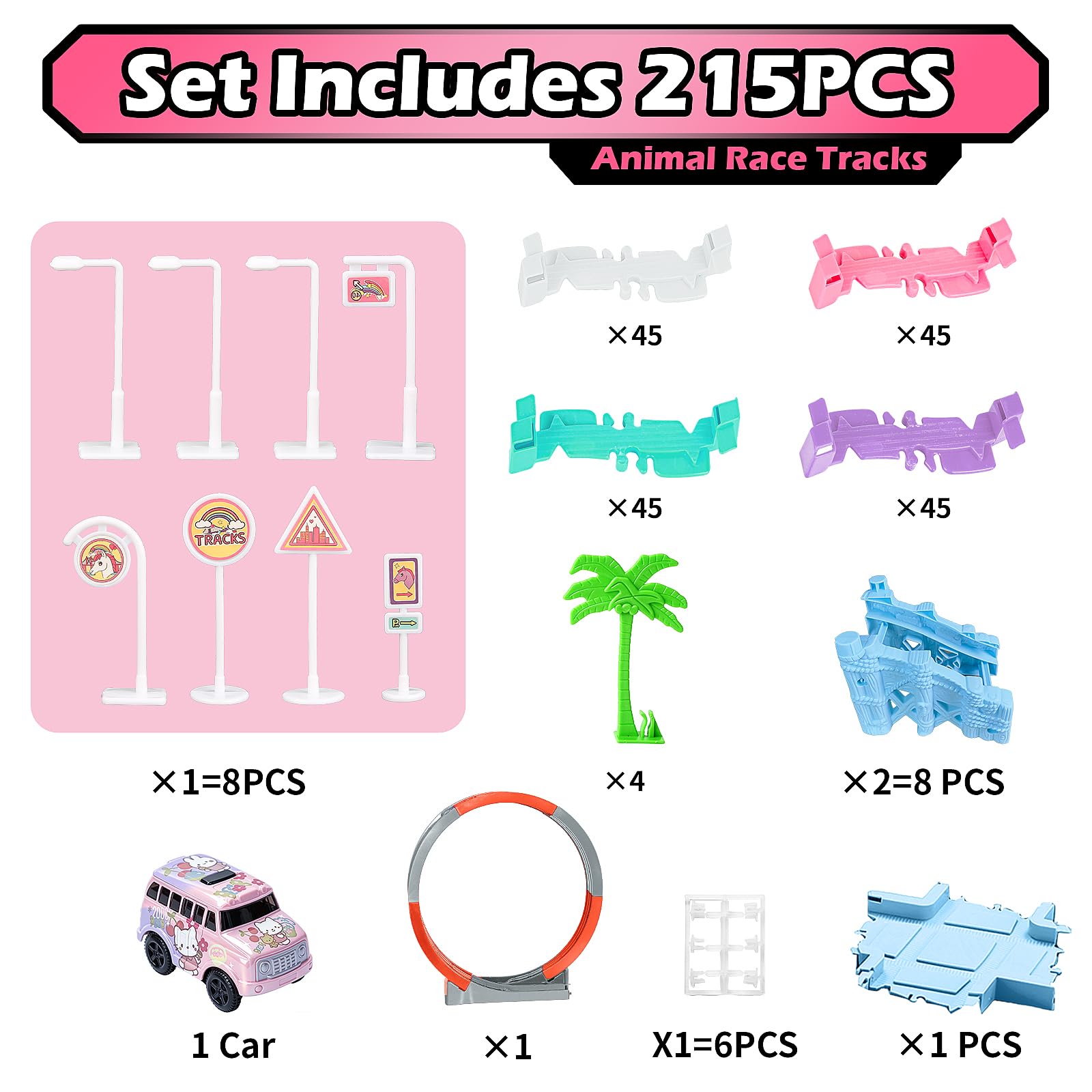 215 Pezzi Giocattolo Pista da Corsa 360° Bambini Macchinina Gatto Rosa | Flessibile Fai da Te Binari Da Assemblare, Regalo Compleanno Festa Favore Regalo Ragazzi Ragazze