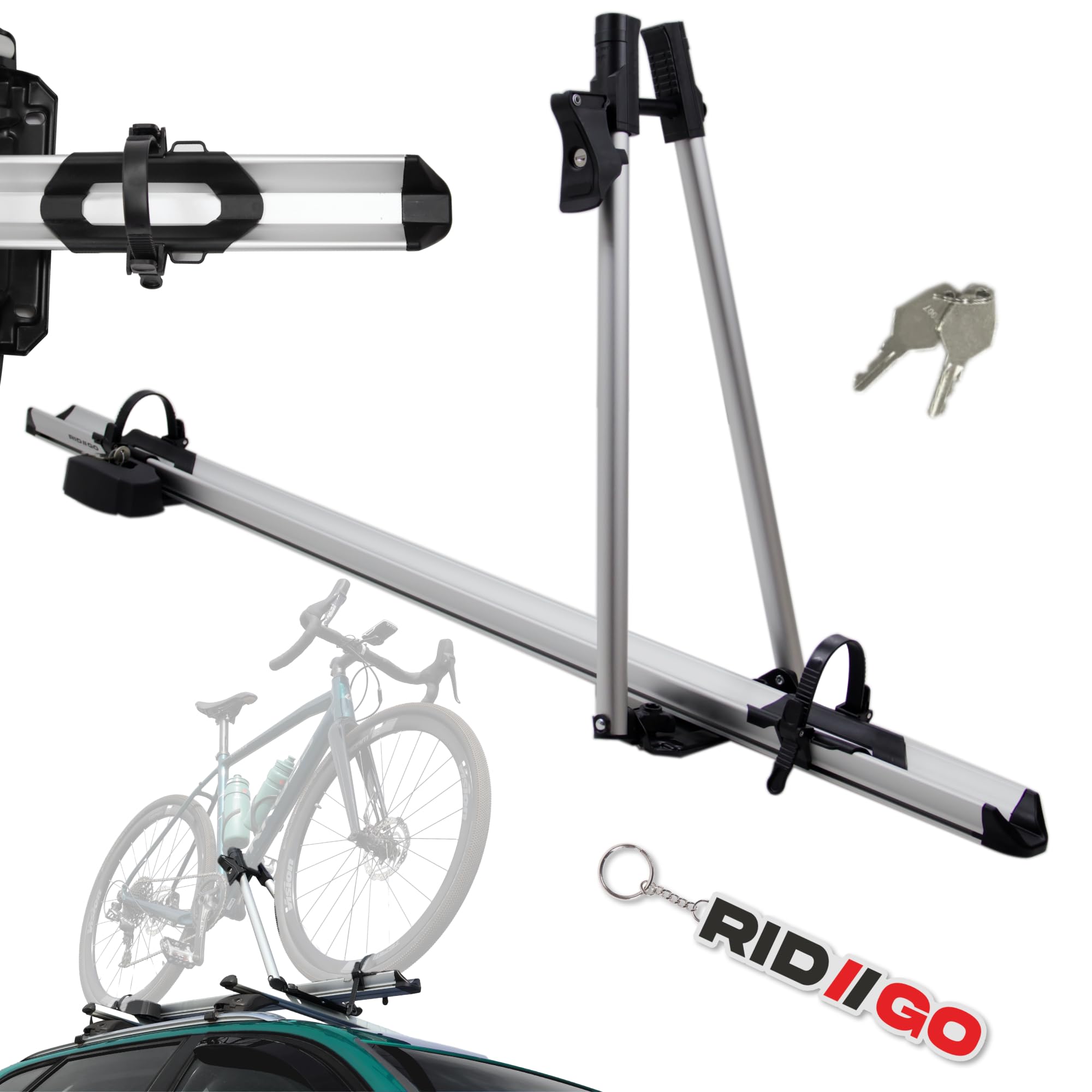 RIDIGO Fahrradhalter für Dachträger, Fahrradträger aus Aluminium, Ultraleicht 3,1 kg, für Rahmen bis 80 mm, Tragfähigkeit bis 17 kg, mit Diebstahlsicherung