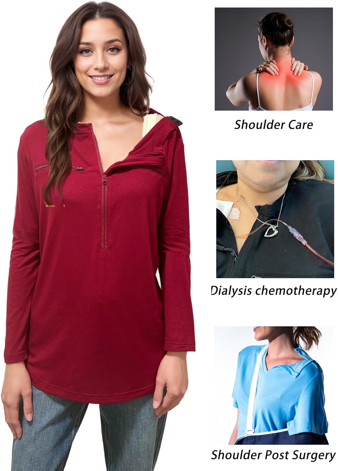 Youdiao Chemo Shirts for Women with Port Access Long Sleeve Side Snaps Dual Zipper for Post Surgery and Dialysis Recovery - Image 3