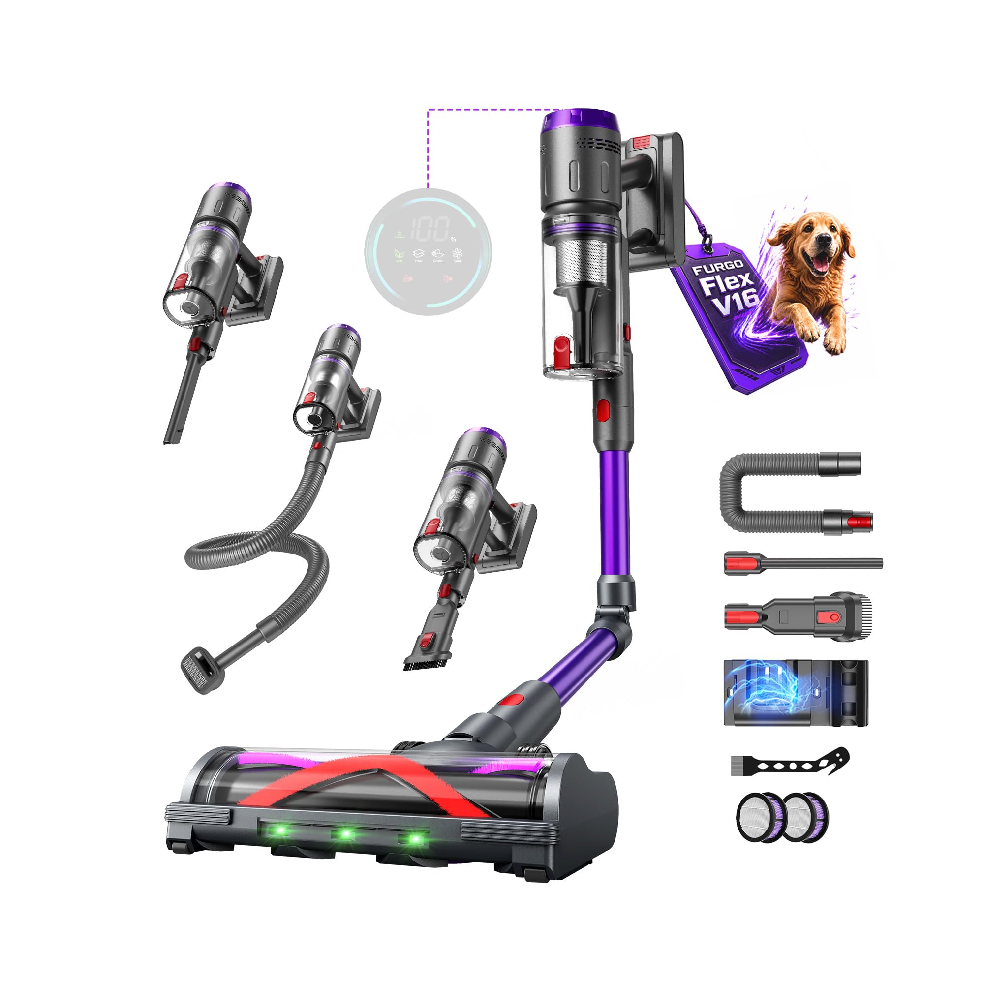 Aspiradora Sin Cable 58000Pa/600W/75Min, Escoba Aspiradora sin Cable Potente con Brazo Flexible, Manguera Extensible de 1m, Srotolatore di Peli di Animali, para Suelo/Alfombra/Pelo de Animal