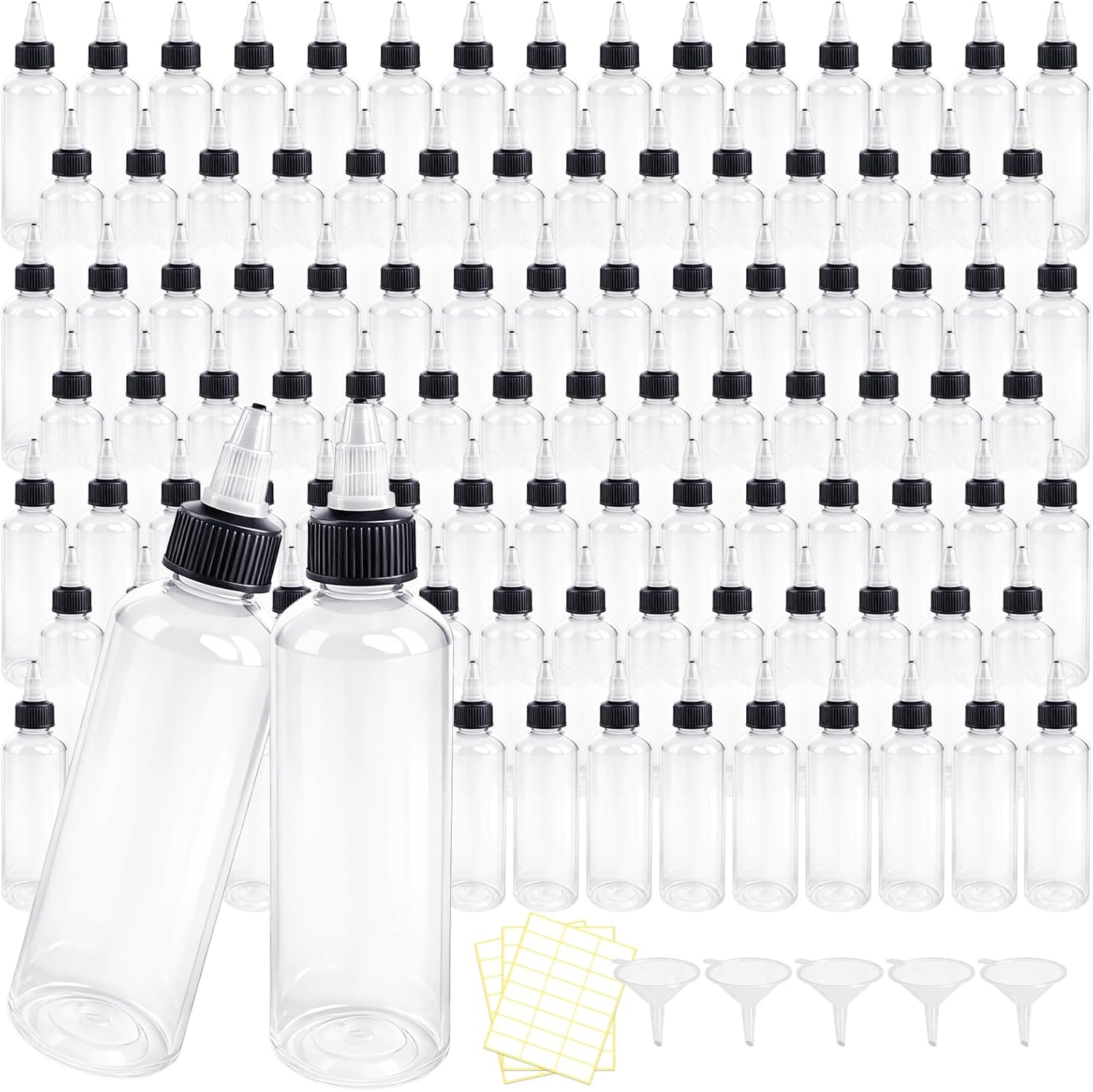104 Pcs 4 oz Plastic Squeeze Bottles with Twist Top Cap Boston Empty Squeeze Condiment Container Leak Proof Hair Oil Applicator Bottles for Household Kitchen Oils Liquids Art Crafts(Clear)