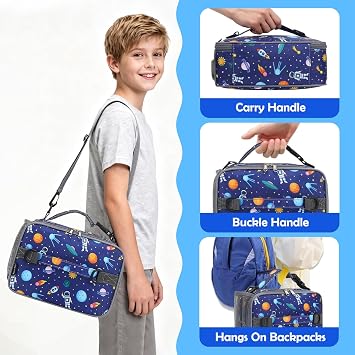FlowFly Kids Lunch Bag, Durable Insulated School Lunch Box with Shoulder Strap and Bottle Holder, Water-resistant Thermal Small Lunch Cooler Tote for Teen Boys & Girls,Astronaut
