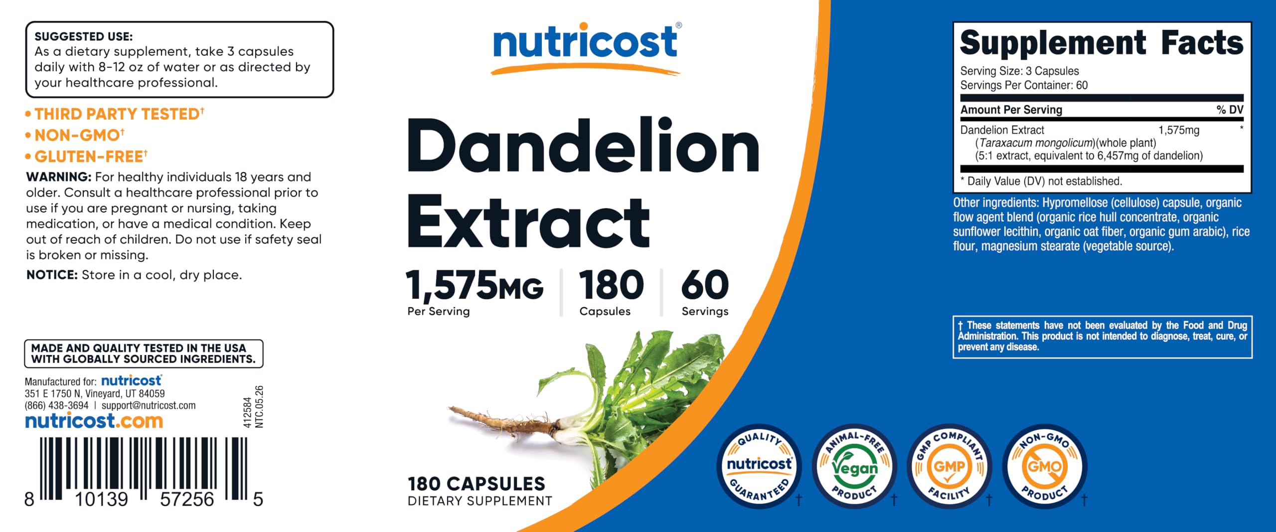 Nutricost Dandelion Extract 180 Capsules for 60 Servings Per Bottle — Amazon image 6