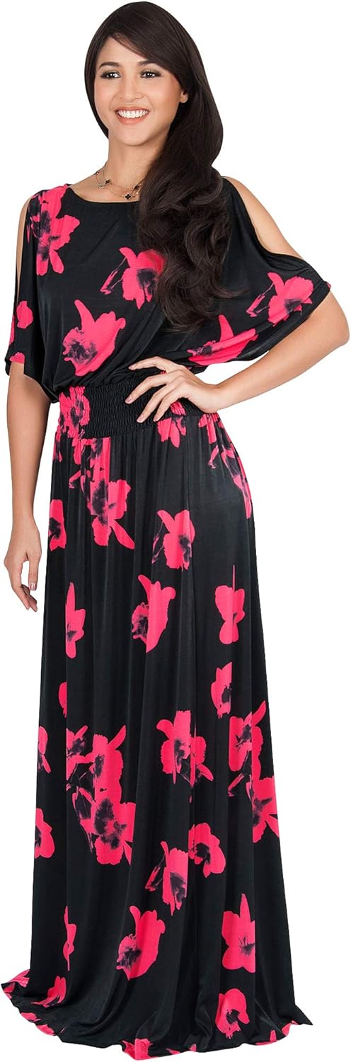 KOH KOH Womens Long Short Sleeve Printed Summer Sexy Casual Sundress Maxi Dress - Image 4