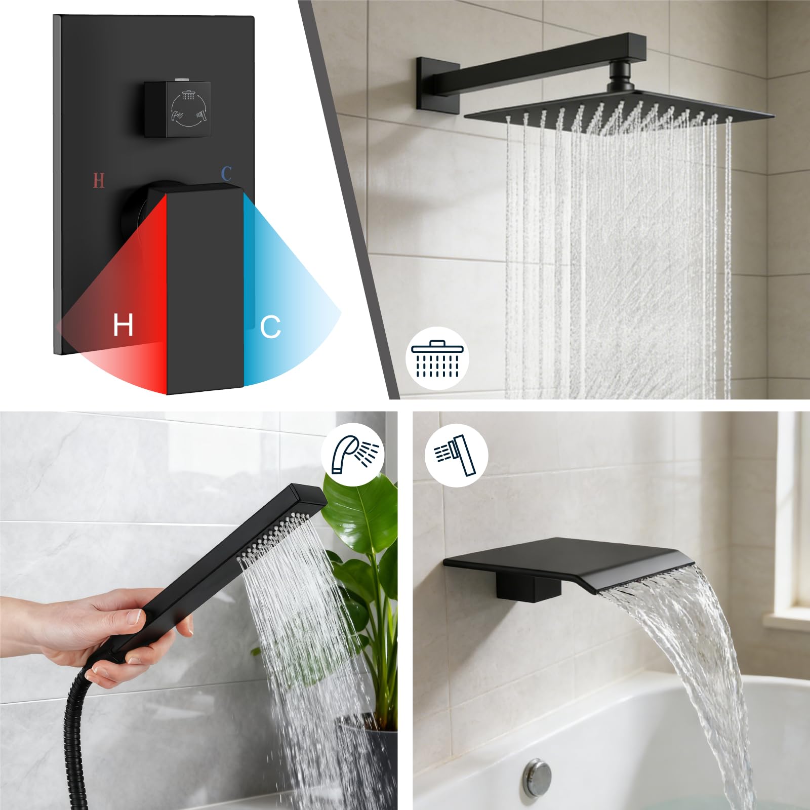 Sistema de ducha con caño para bañera, juego de grifería para bañera y ducha con cabezal de lluvia cuadrado y rociador de mano, juego de grifería de pared para bañera con válvula y kit de embellece