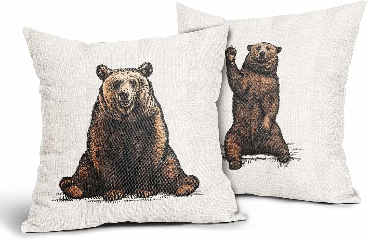 DZGlobal Bear Pillow Covers 18x18 Inch Black Bears Beige Background Linen Throw Pillow Covers Forest Wildlife Animal Decorative Pillow Cases Both Sides for Women Men Sofa Bedroom Living Room Patio