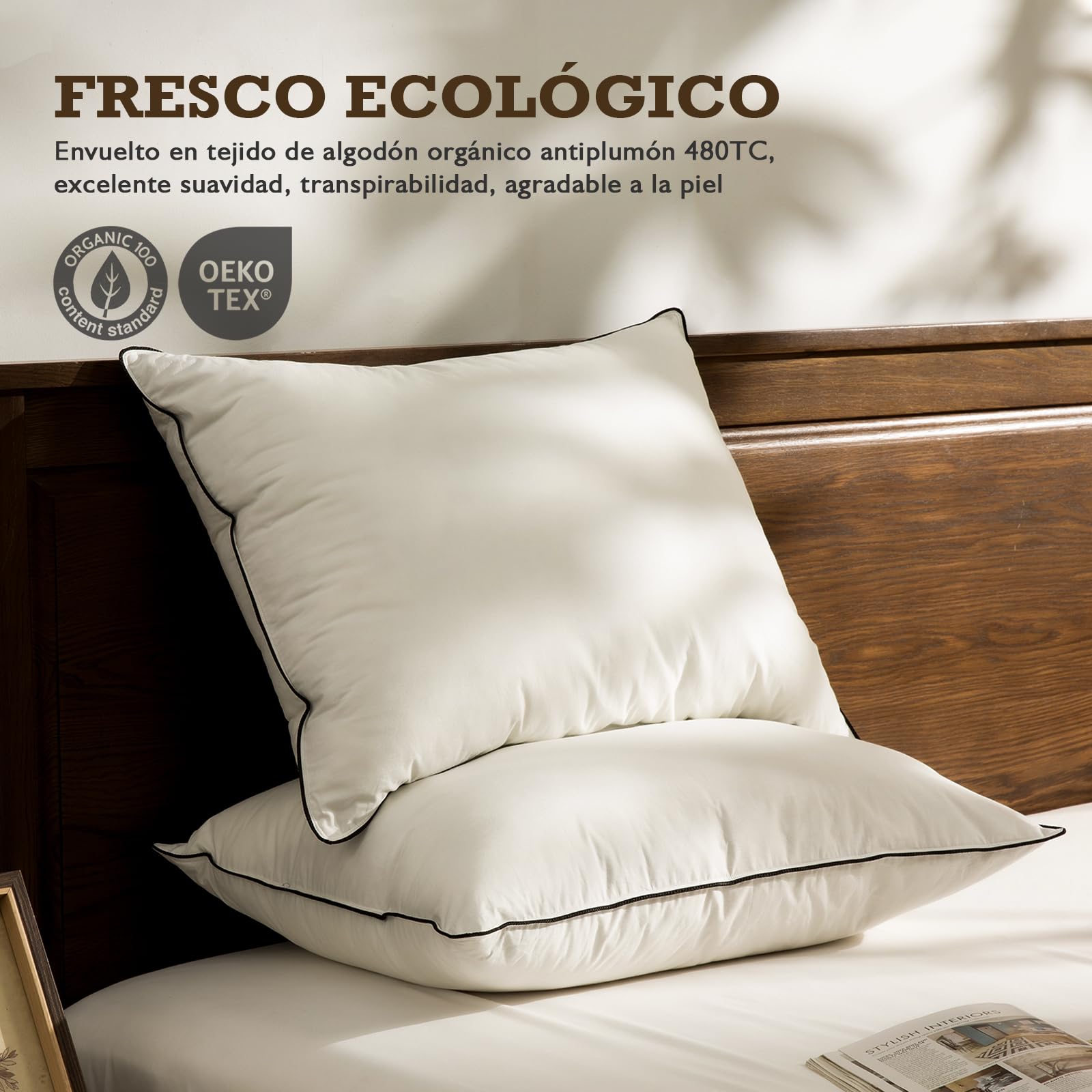 BPC Plumón de plumas orgánico almohadas 50x75 Pack de 2 Unidades, Lujosa almohada para dormir de hotel de 3 cámaras, Almohada 50x75 cm plumón con funda 100% algodón y relleno de pluma de ganso, Blanco