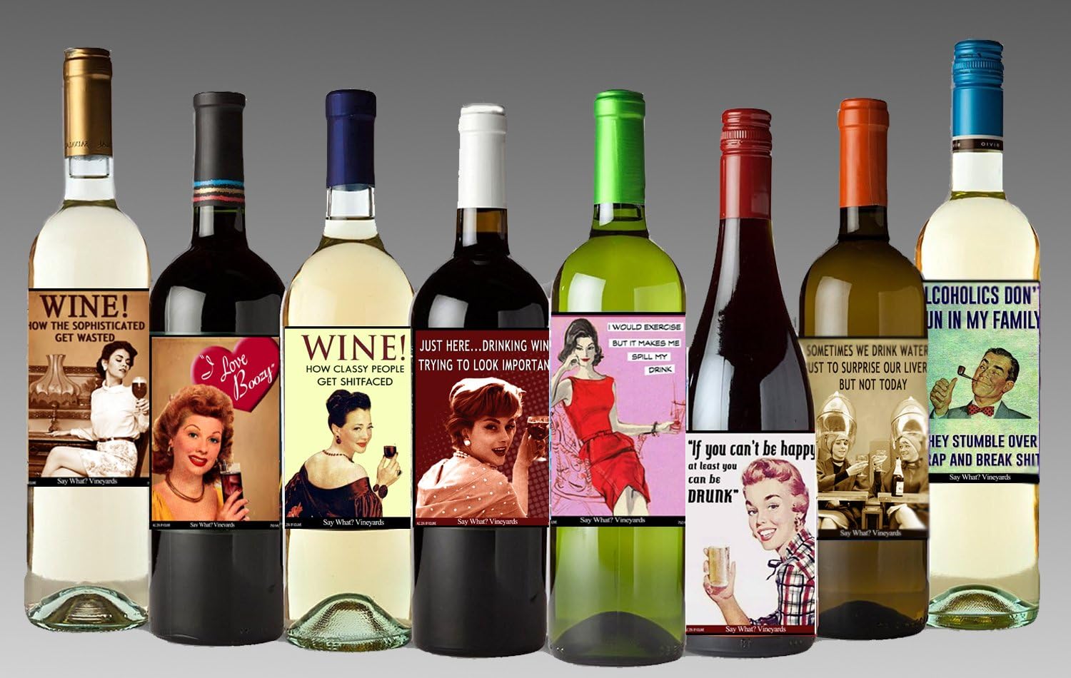 Funny Retro Vintage Themed Liquid Therapy Wine Bottle Labels - Set of 8 Wine Bottle Labels - 5 Inch X 4 Inch