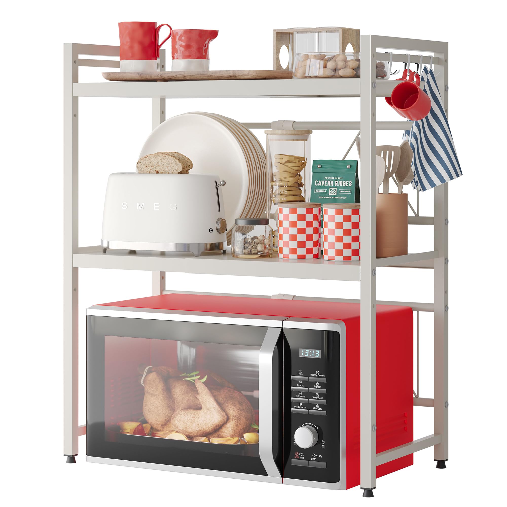 NETEL Estantería ampliable para microondas de 3 niveles, soporte para microondas, organizador de cocina, de pie para encimera, estantes de panadería con 8 ganchos, color blanco