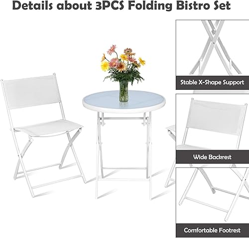 Miniatura 8 de Tangkula Juego de 3 piezas plegables para patio, no requiere montaje, sillas plegables para exteriores y mesa con mesa de vidrio templado, juego de