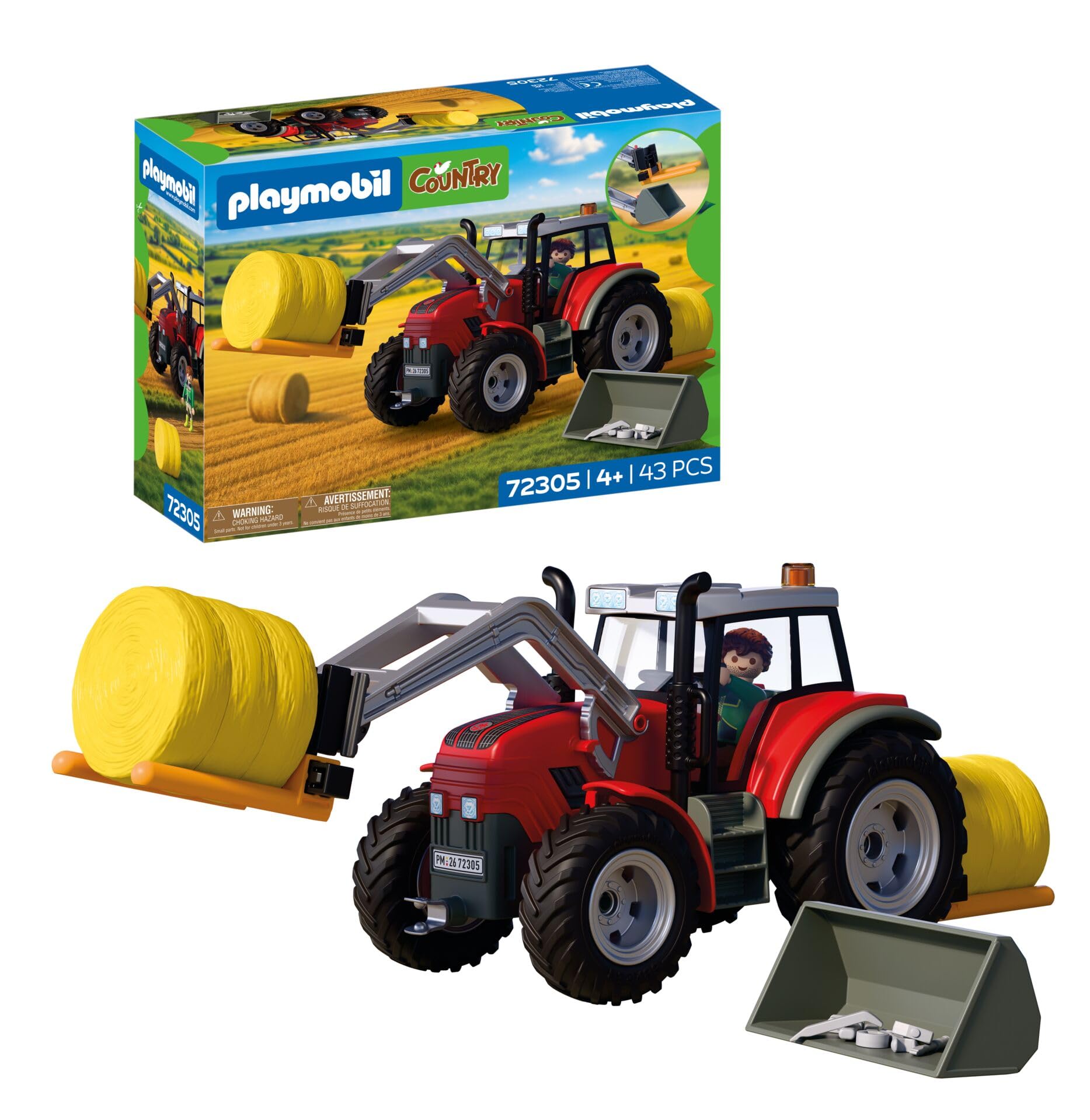 PLAYMOBIL Country | Duży traktor z belami siana | Mocny traktor z ładowaniem od przodu, okrągłymi belami i zestawem narzędzi | dla dzieci od 4 lat | 72305